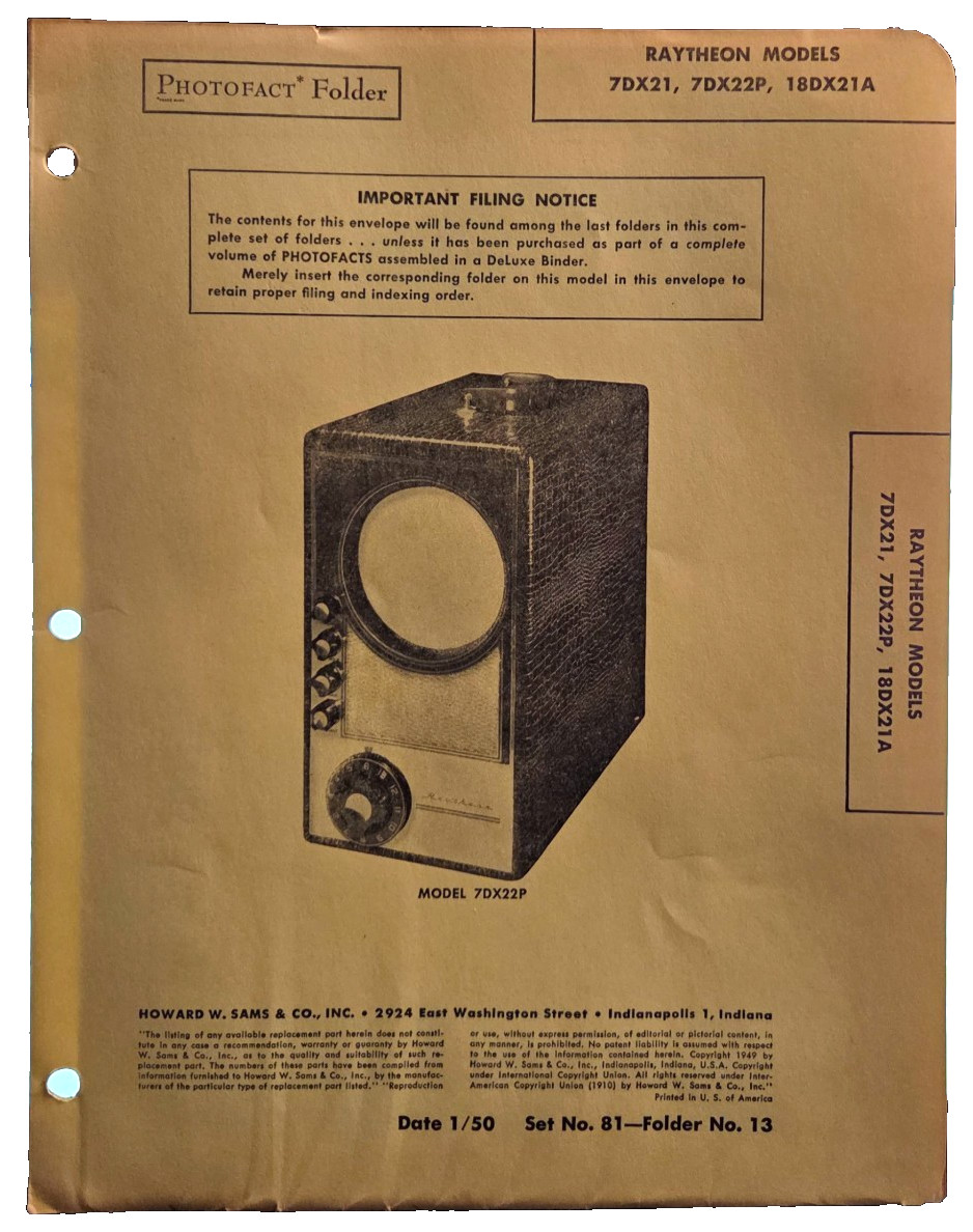 SAMS TELEVISION SERVICE MANUAL 81-13 RAYTHEON 7DX21 7DX22P 18DX21A