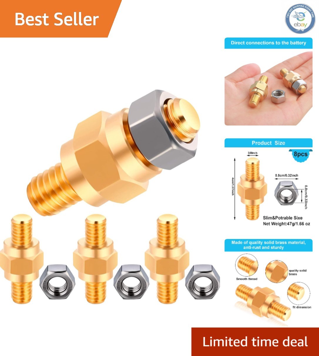 8-Piece Brass Battery Terminal Adapter Kit - Sturdy 3/8-16 Bolts for Reliability