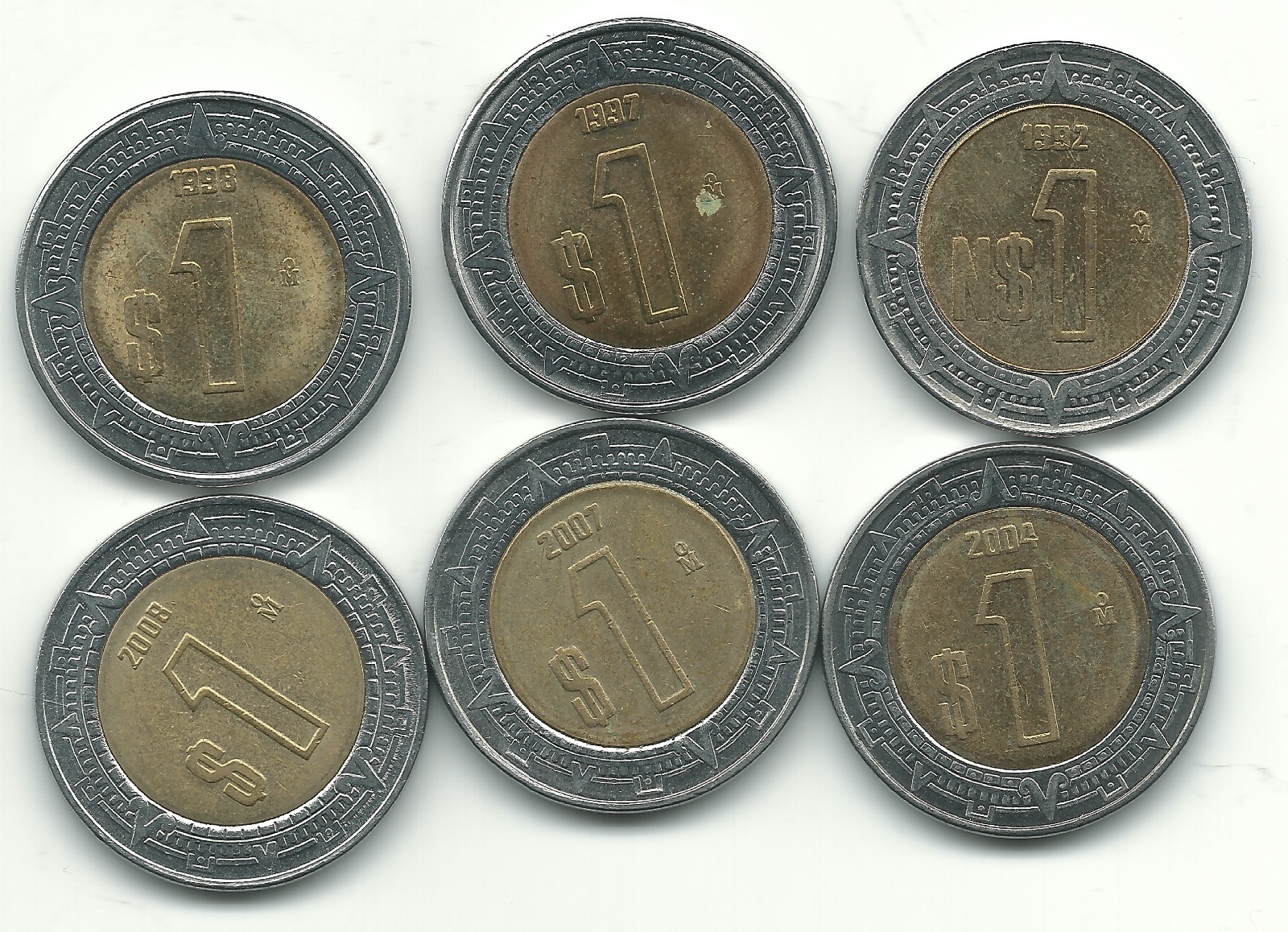 LOT 6 MEXICO $1.00 1 PESO BIMETAL (SNAKE)-1992,1997,1998,,2004,2007,2008-APR797