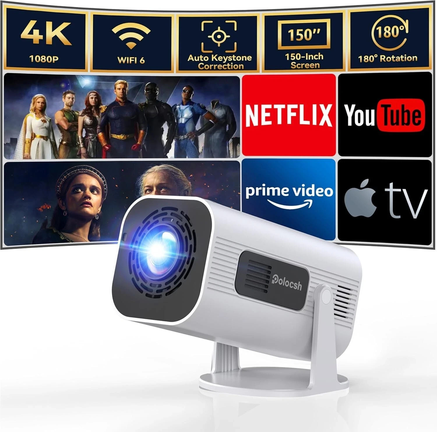 Polocsh Mini Projector with WiFi and Bluetooth, Portable Projector 1080P Support