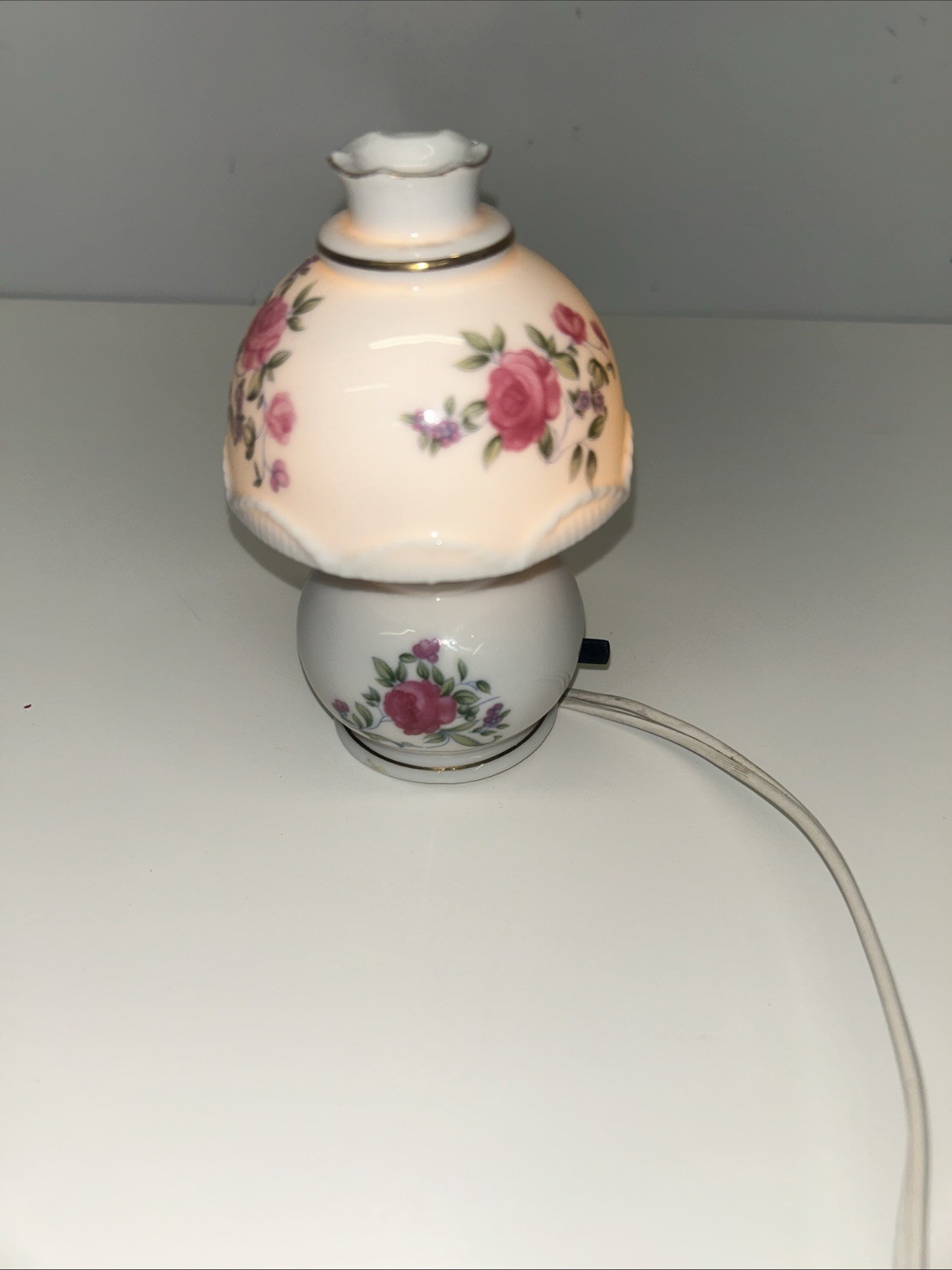 Vintage Porcelain Pink Floral Mini Hurricane Lamp Night Light