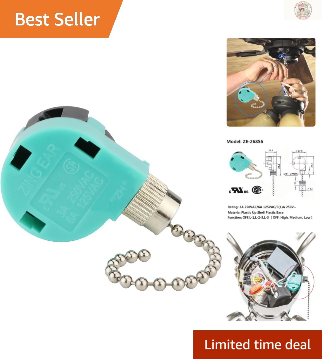 Universal Zing Ear 3-Speed Pull Chain Switch - Fits Most Ceiling Fans and Lights