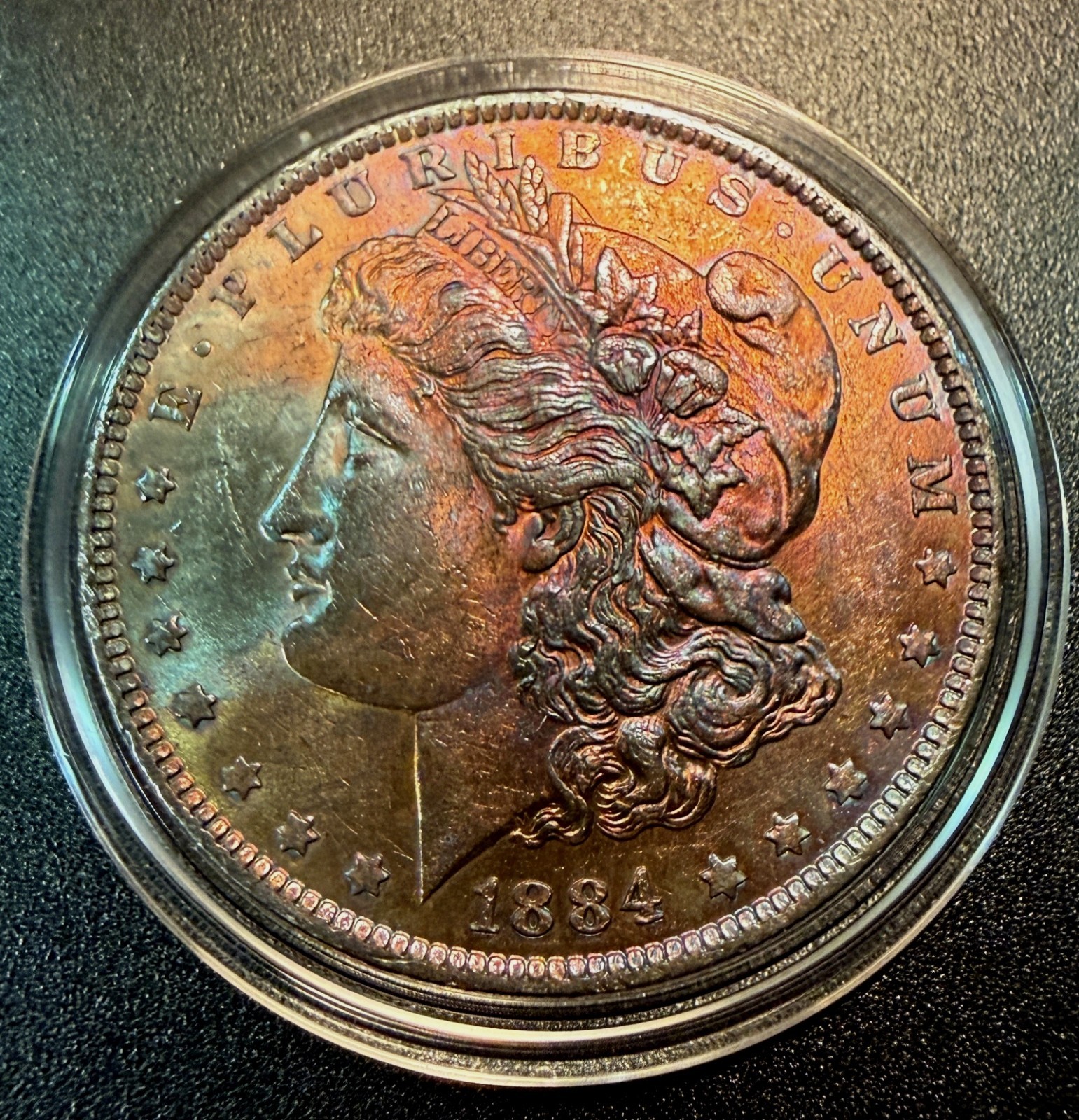 1884 O MORGAN SILVER DOLLAR BU RAINBOW DOUBLE SIDE TONED UNCIRCULATED GEM