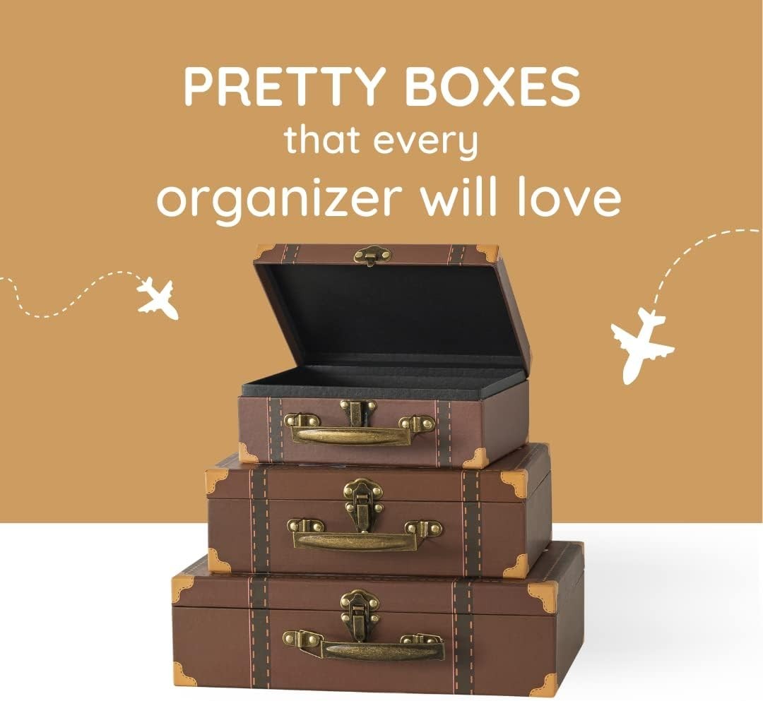 3 Vintage Decorative Suitcases Trunk Retro Wood Leather Antique Storage