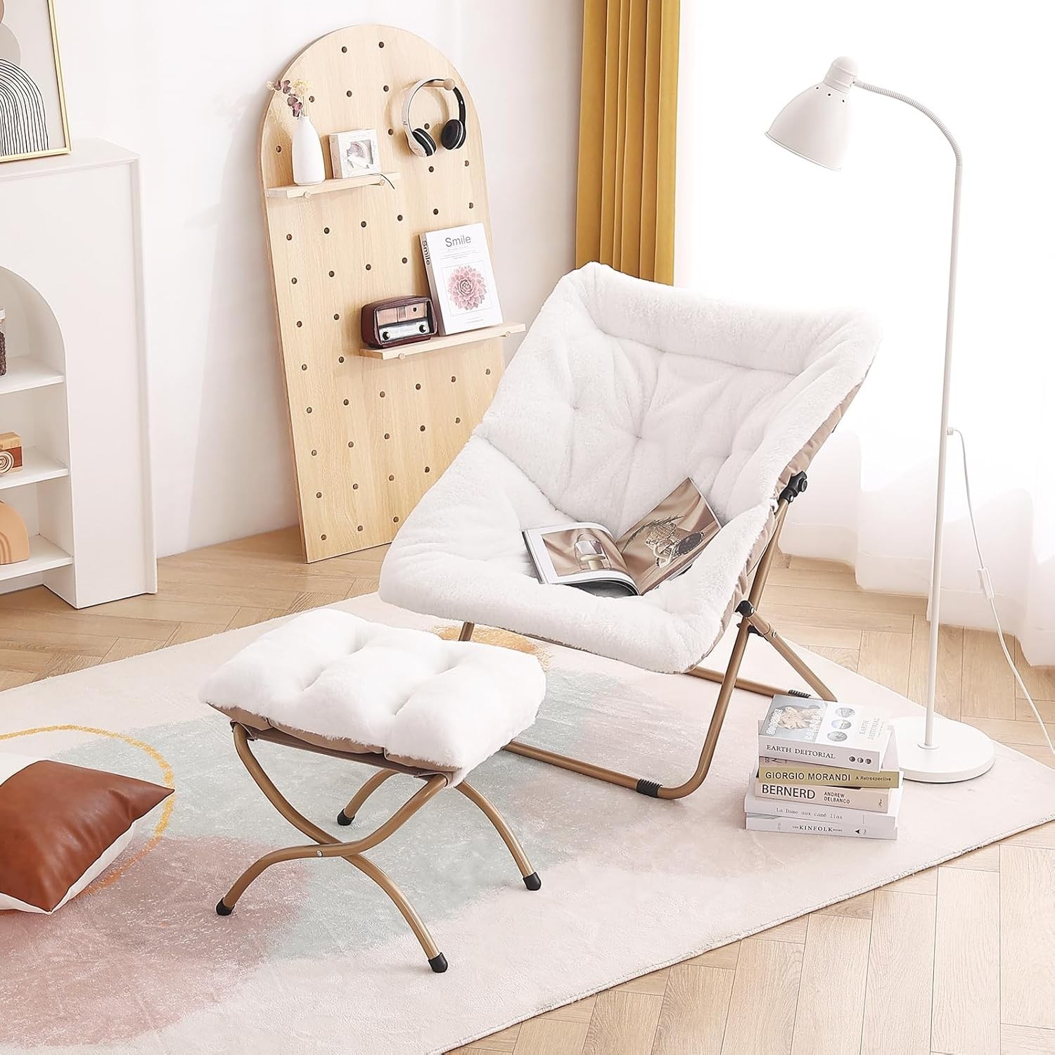 Oversized Faux Fur Moon Chair & Ottoman - Elegant Folding Accent for Living Room