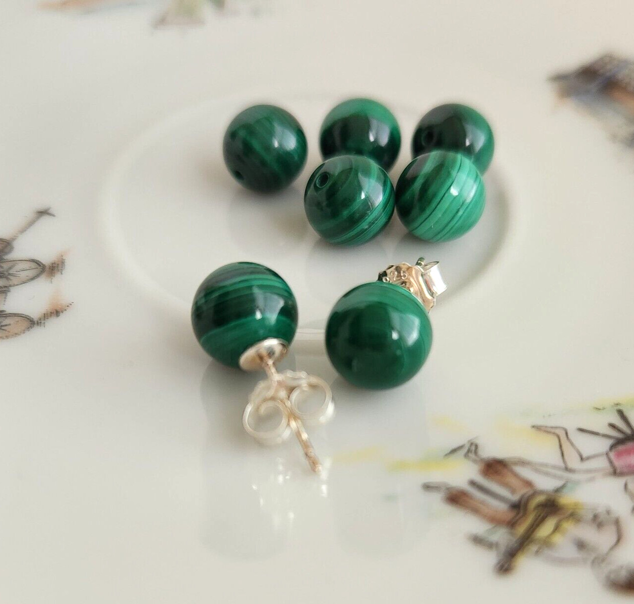Natural Malachite 8MM Ball Stud Earrings In Solid 925 Sterling Silver