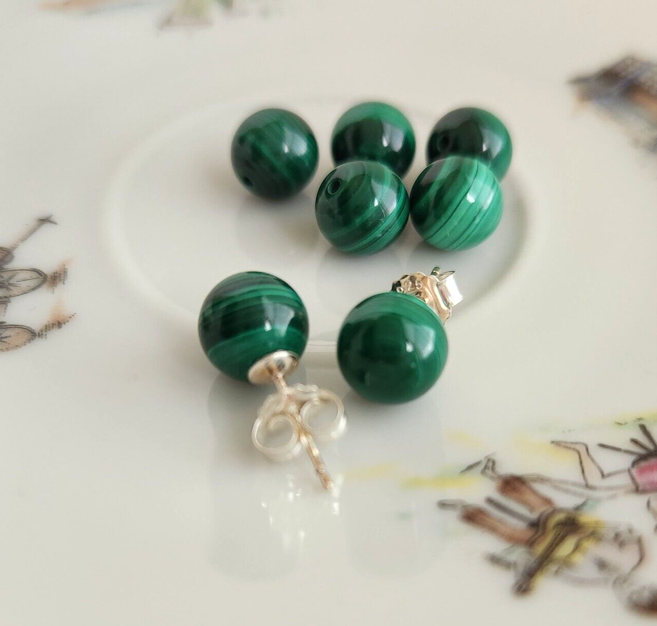 Natural Malachite 8MM Ball Stud Earrings In Solid 925 Sterling Silver