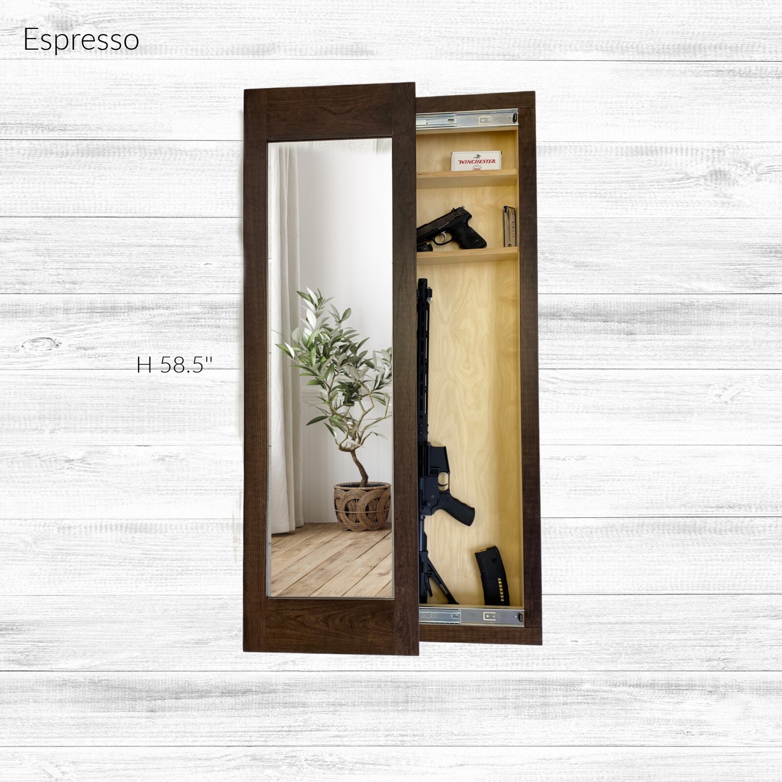Hidden storage mirror,  In-wall gun safe concealment cabinet - Espresso