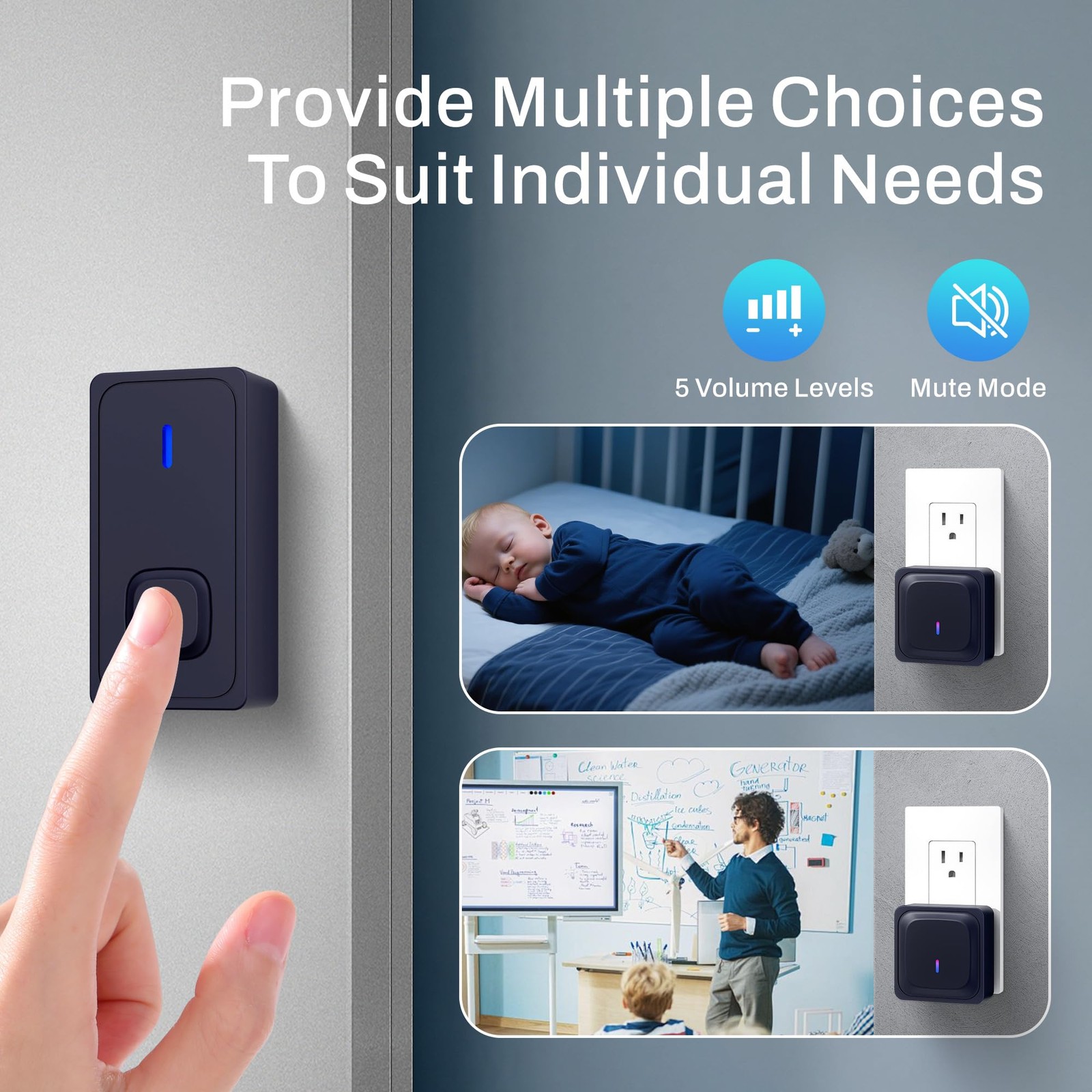 BN-LINK Wireless Doorbell with 2 Buttons, Mini 1 Receivers 2 Button, Black