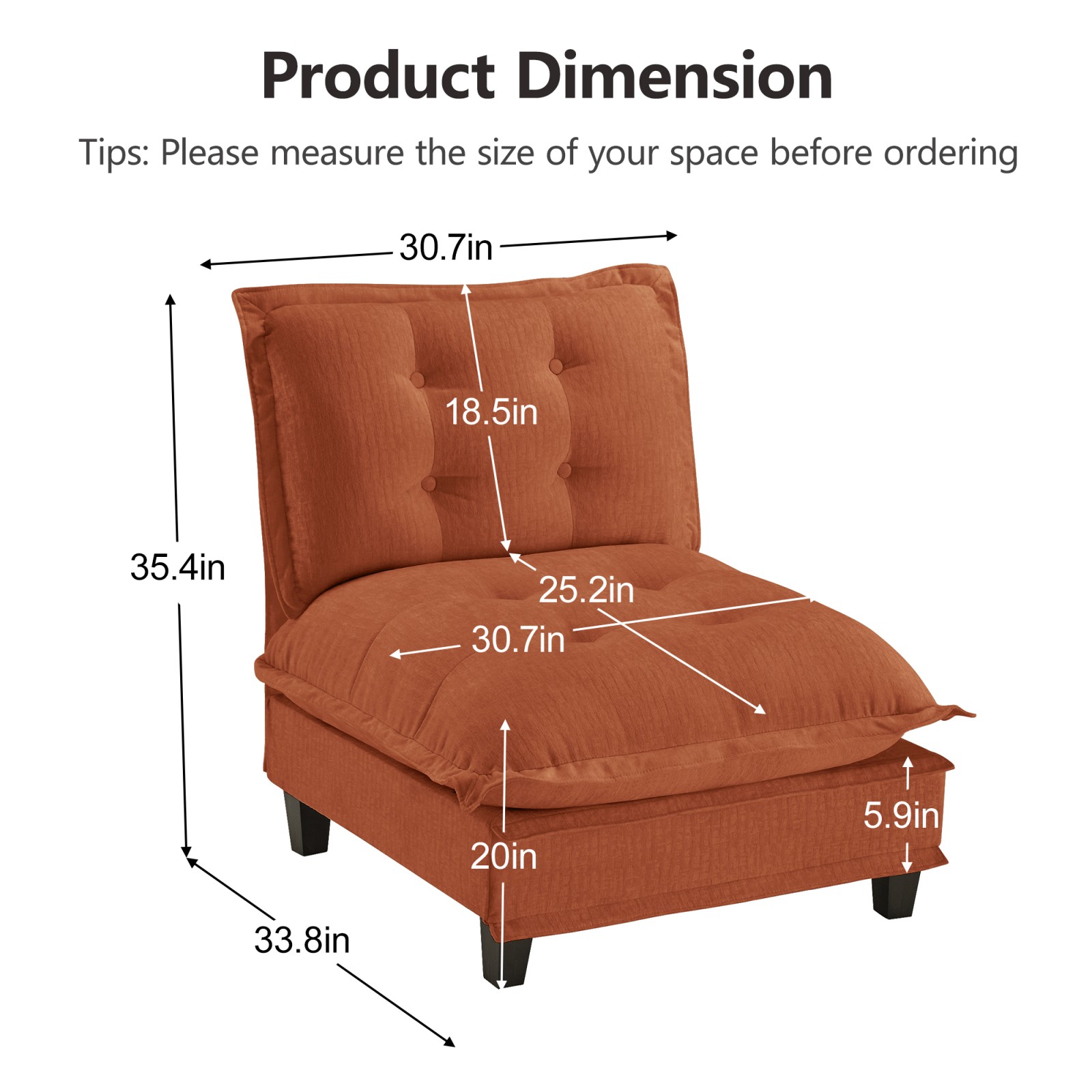 73" Armless Sofa Chenille Orange Modular 1-Seat