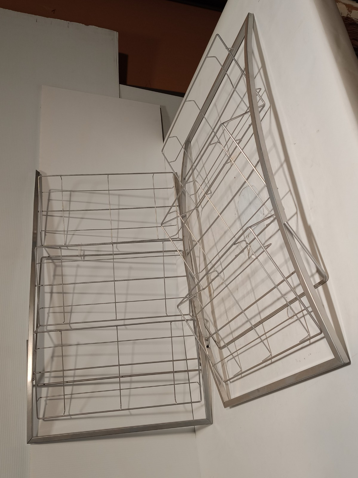 Lot of 2 Unbranded steel display racks, 28 x 16 x 5 in, 3 tiers 14.5x7.5 in each