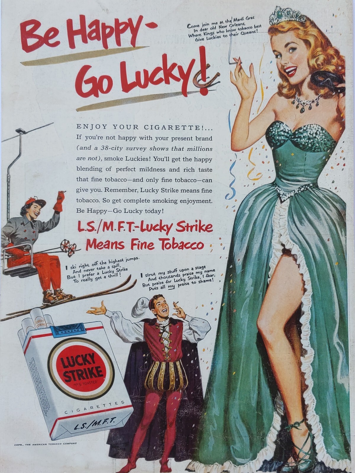 1951 vintage lucky strike print ad. Be happy go lucky