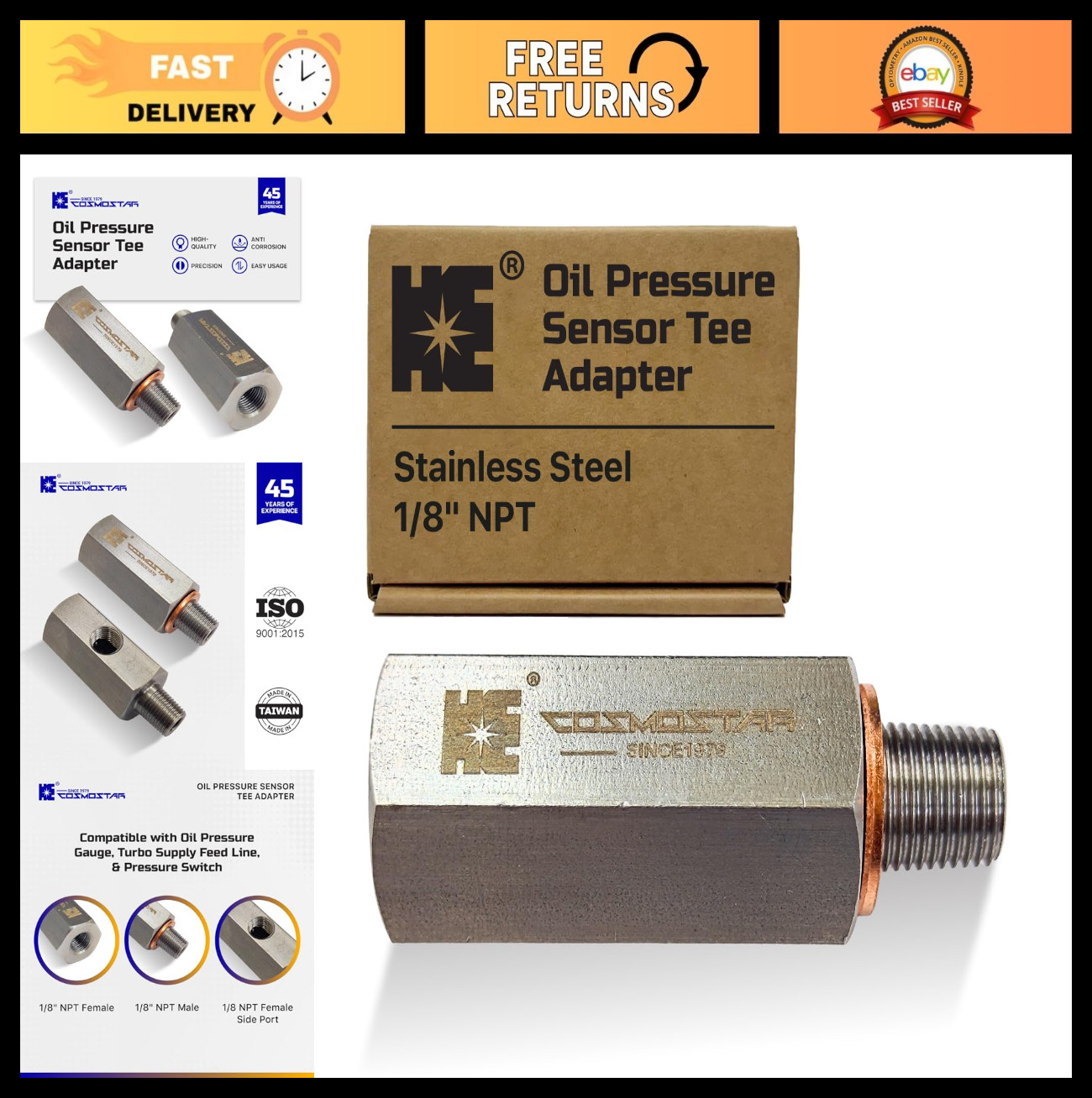 Stainless Steel 1/8" NPT Tee Adapter for Oil Pressure Sensor, Gauge, Turbo Line