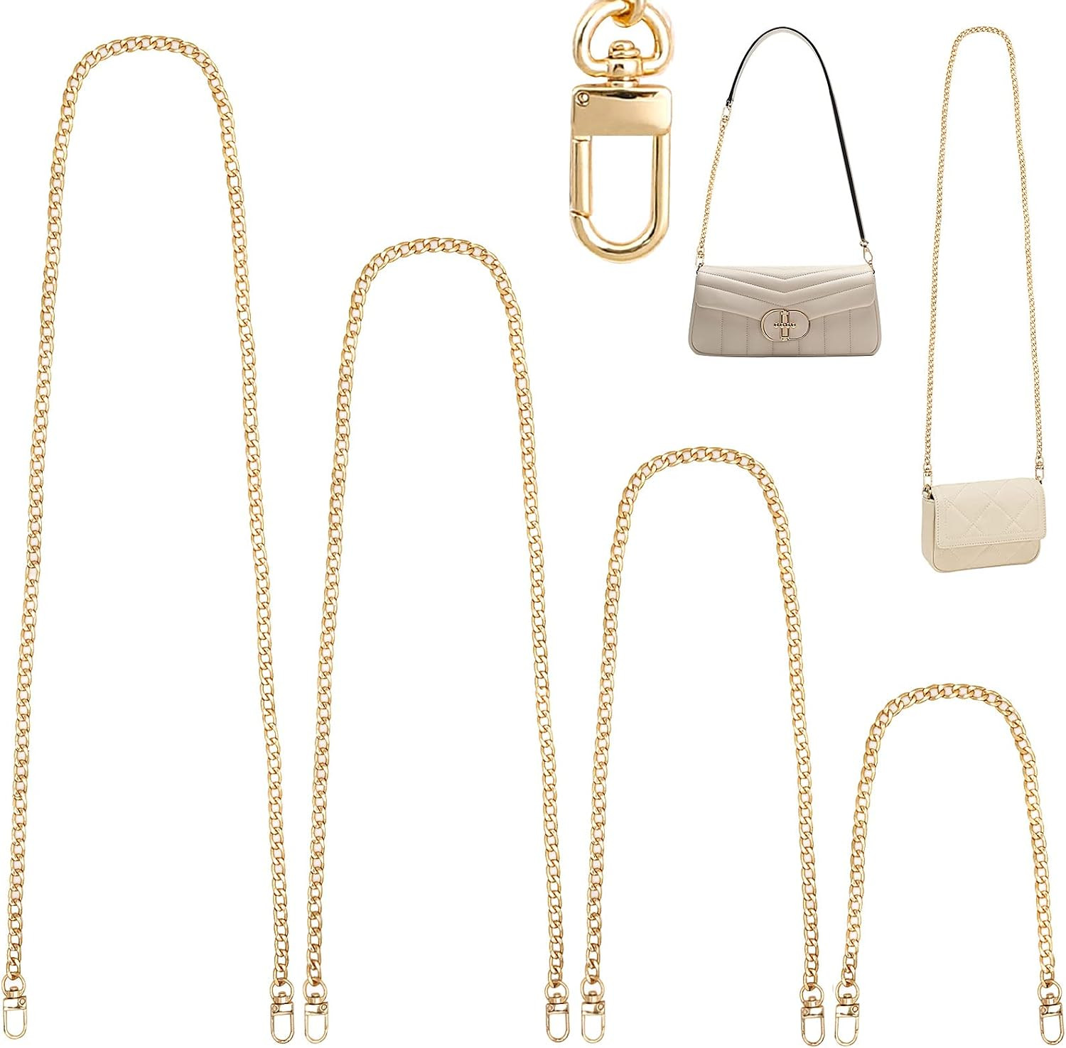 Gold Purse Chain Straps, 4 Pack Iron Replacement Chains with Clasps | Four leng.