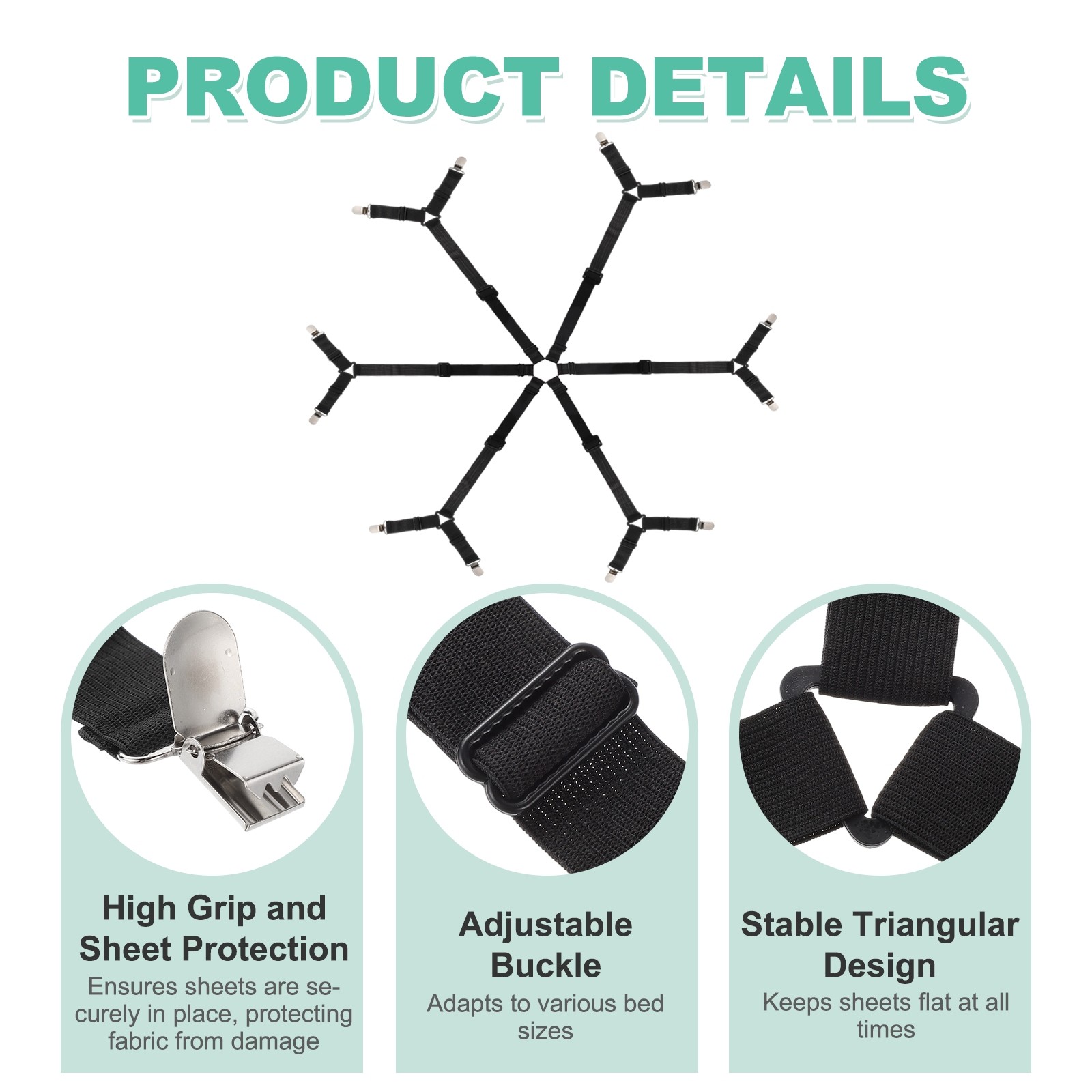 2Pcs Bed Sheet Holder Straps Elastic Adjustable 6 Way Cross 12 Clips, Black
