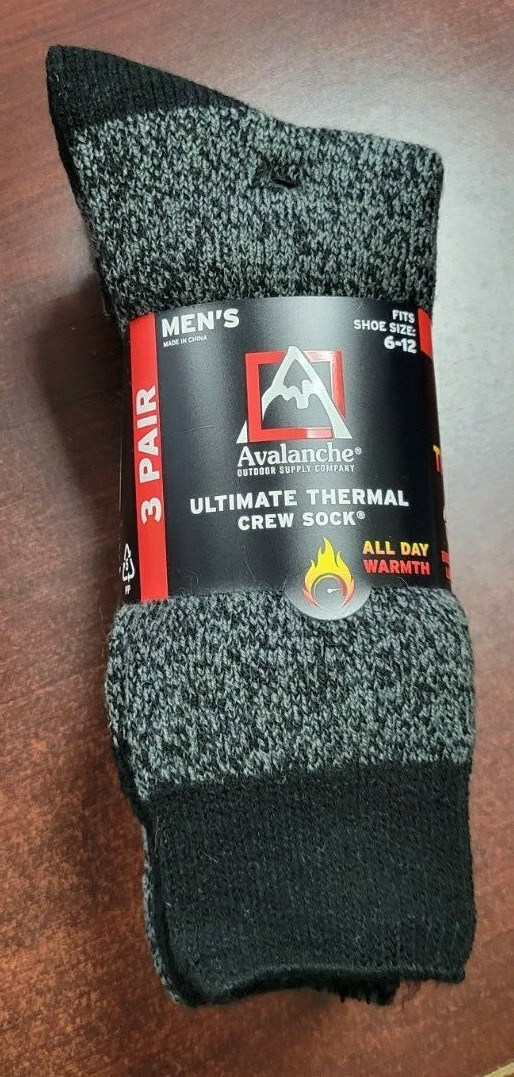 Avalanche Men Ultimate Thermal Crew Socks 6-12 Shoe Size 3 Pairs Full Cushioning