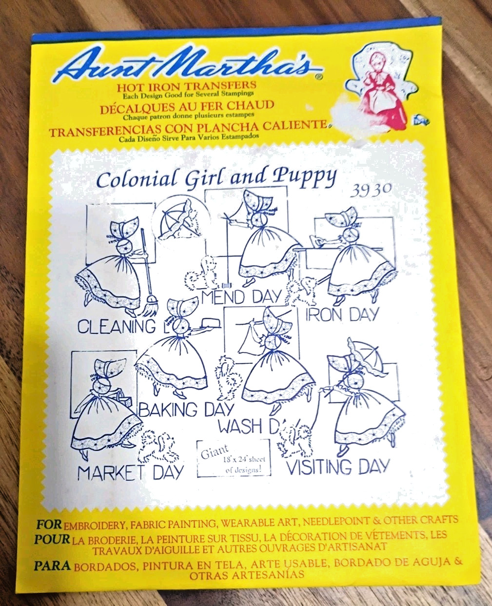 AUNT MARTHAS HOT IRON TRANSFER 3930 COLONIAL GIRL/PUPPY SUNBONNET EMBROIDERY NEW