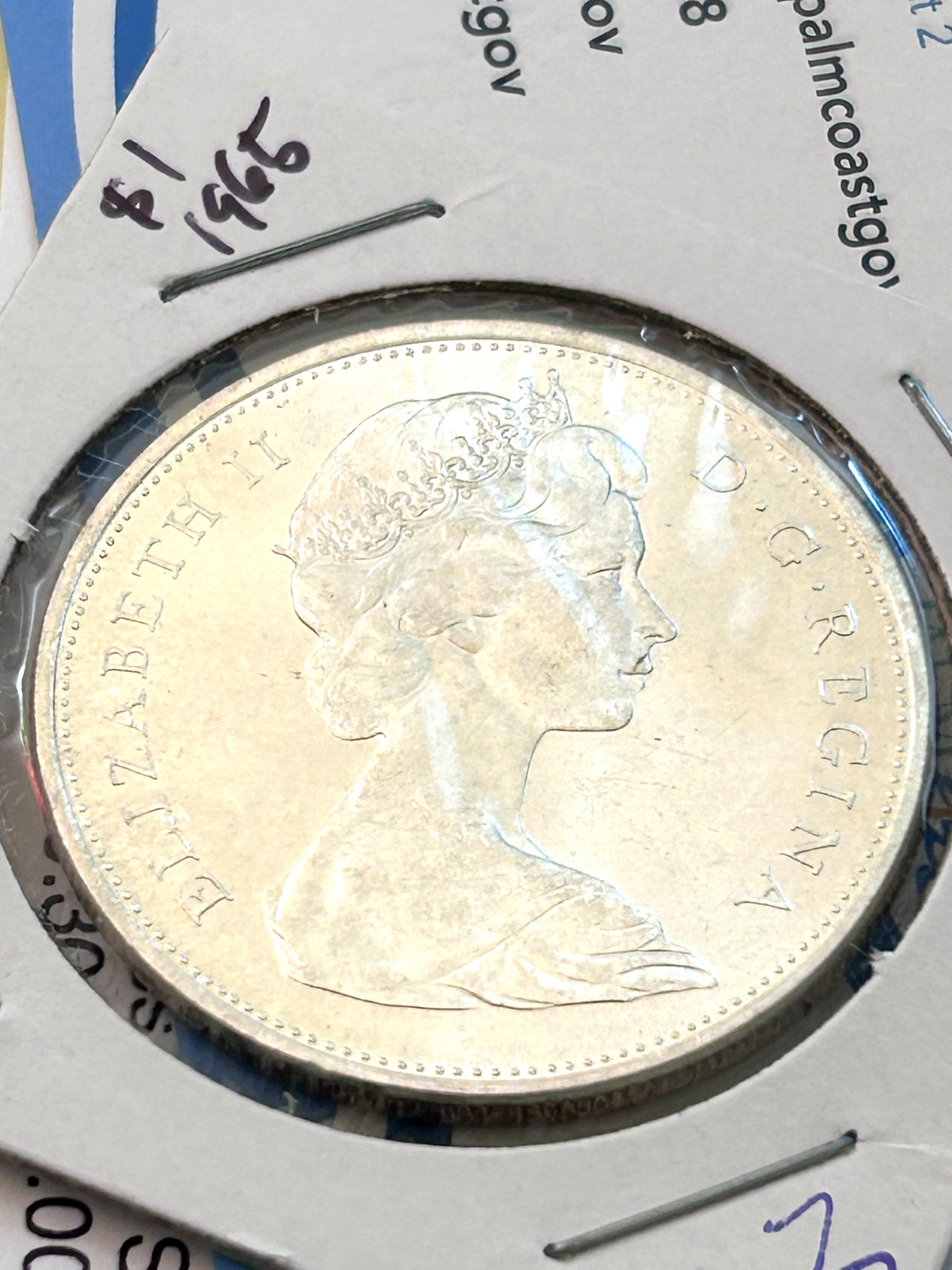 1965 Canadian Silver Dollar 80% Silver Brilliant Uncirculated Nice Luster # 63