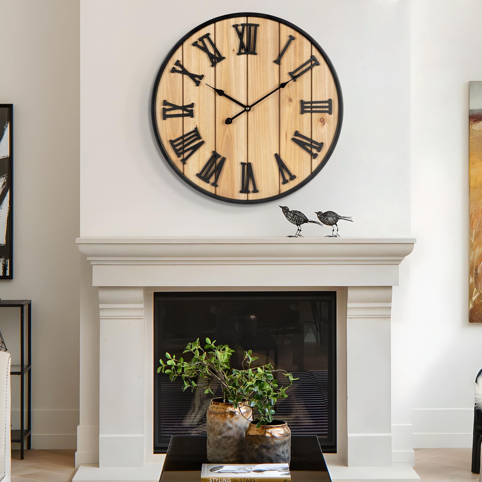 Large Wall Clock 30IN, Silent Metal Wood Style Wall Clocks Battery Operated f...