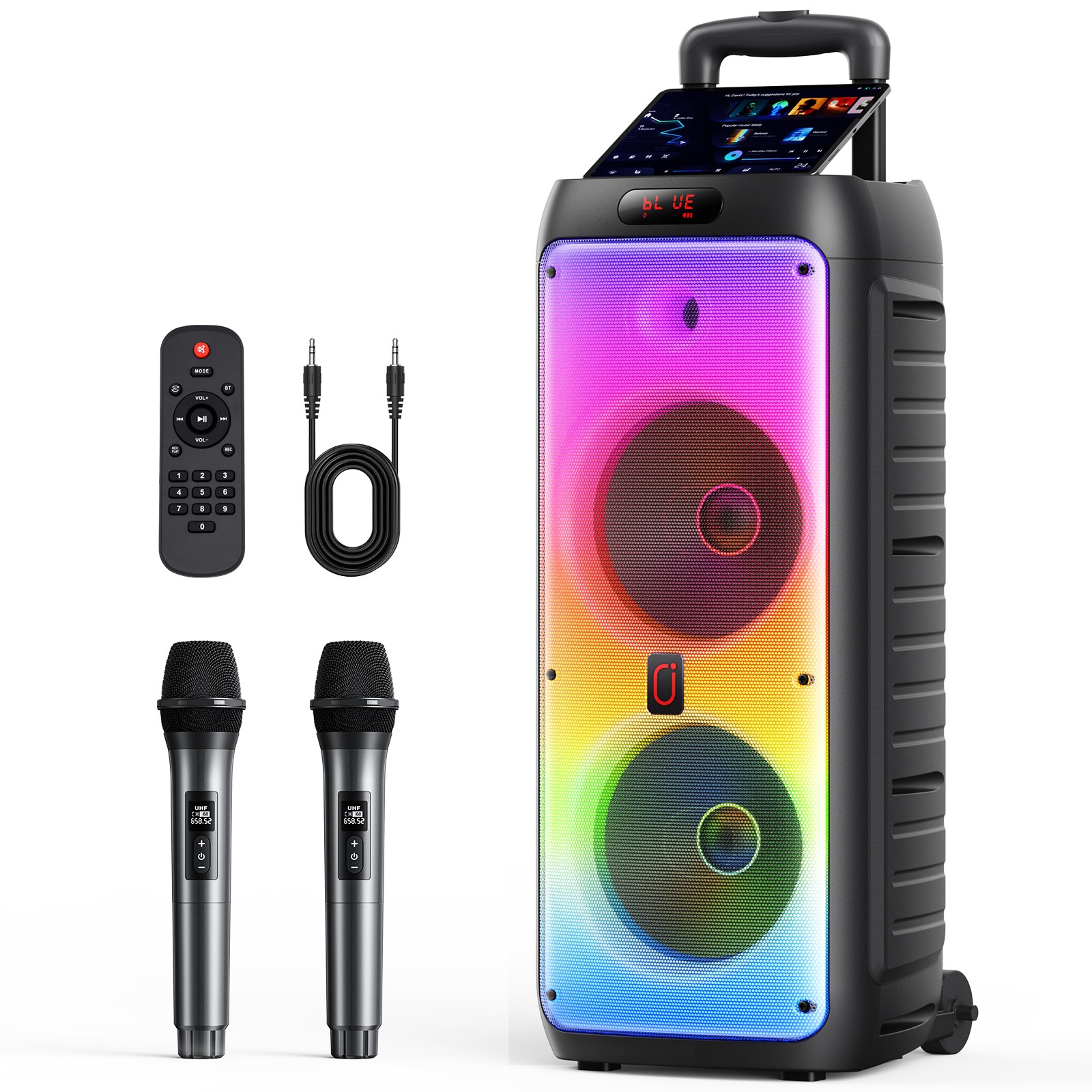FanFun Premium Bluetooth Karaoke Speaker With Wireless Microphones LED RGB Light