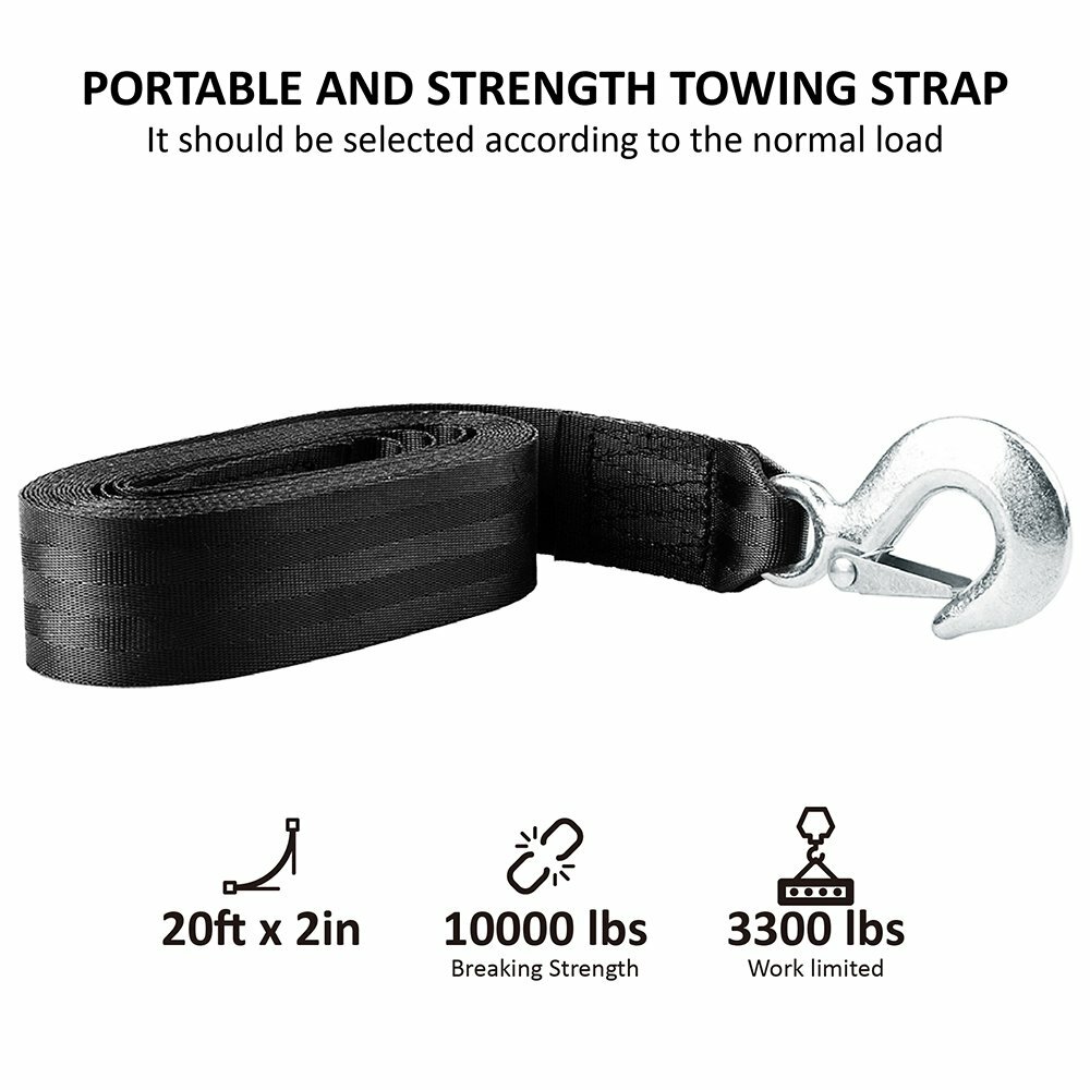 Heavy Duty 2" x20' Recovery Tow Winch Strap Car Boat Trailer 10,000Lb Max Towing