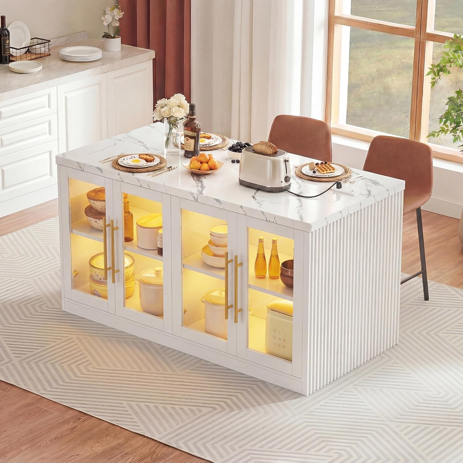 Large Kitchen Island with Storage & LED Light, Rolling Breakfast Bar Table