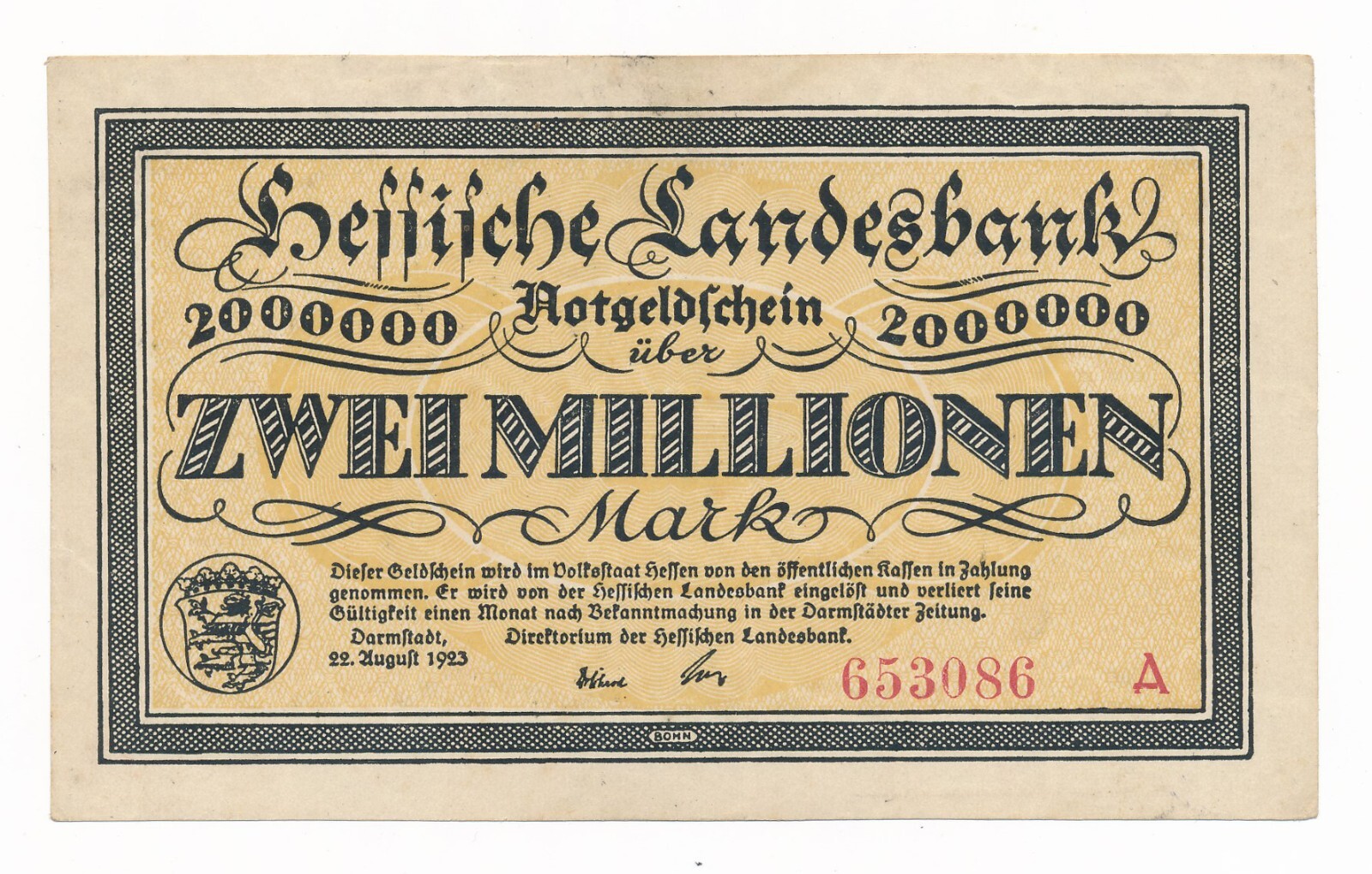 Germany 2,000,000 Mark (2 Million) Hessische Landesbank Hesse 1923 AU Note