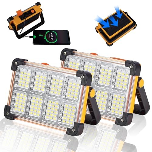 2 Pack 120W Solar Rechargeable Work Light, 144 LED 10000LM Yellow 2 Pack