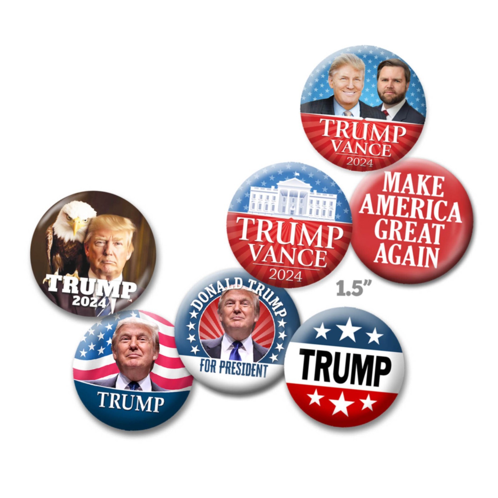 7-PACK Trump Vance Buttons - 1.5" Pins Donald JD Photo MAGA 2024 assorted