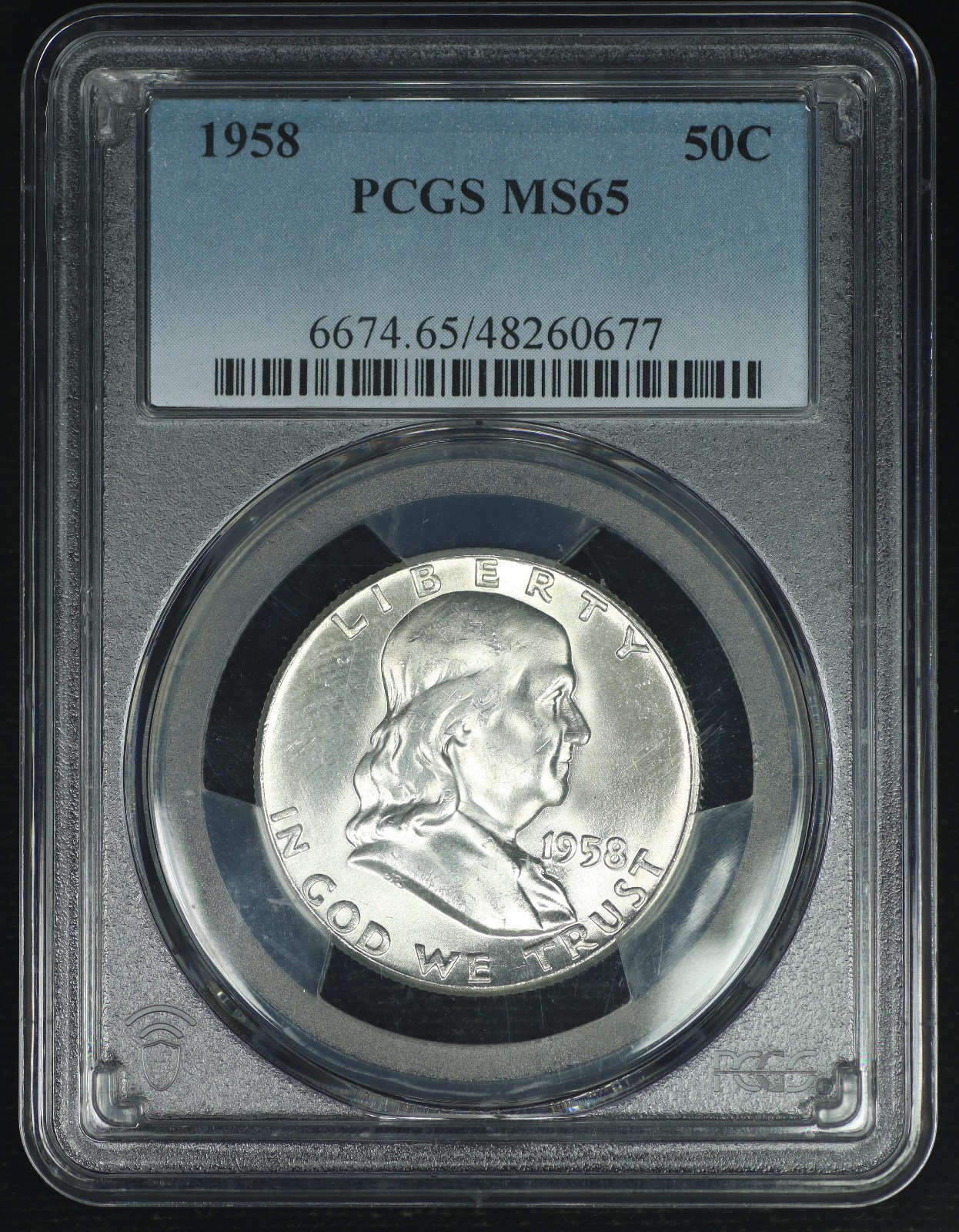 Franklin Silver Half Dollar. 1958 PCGS MS65. Blast White. Lot 9066-364-677