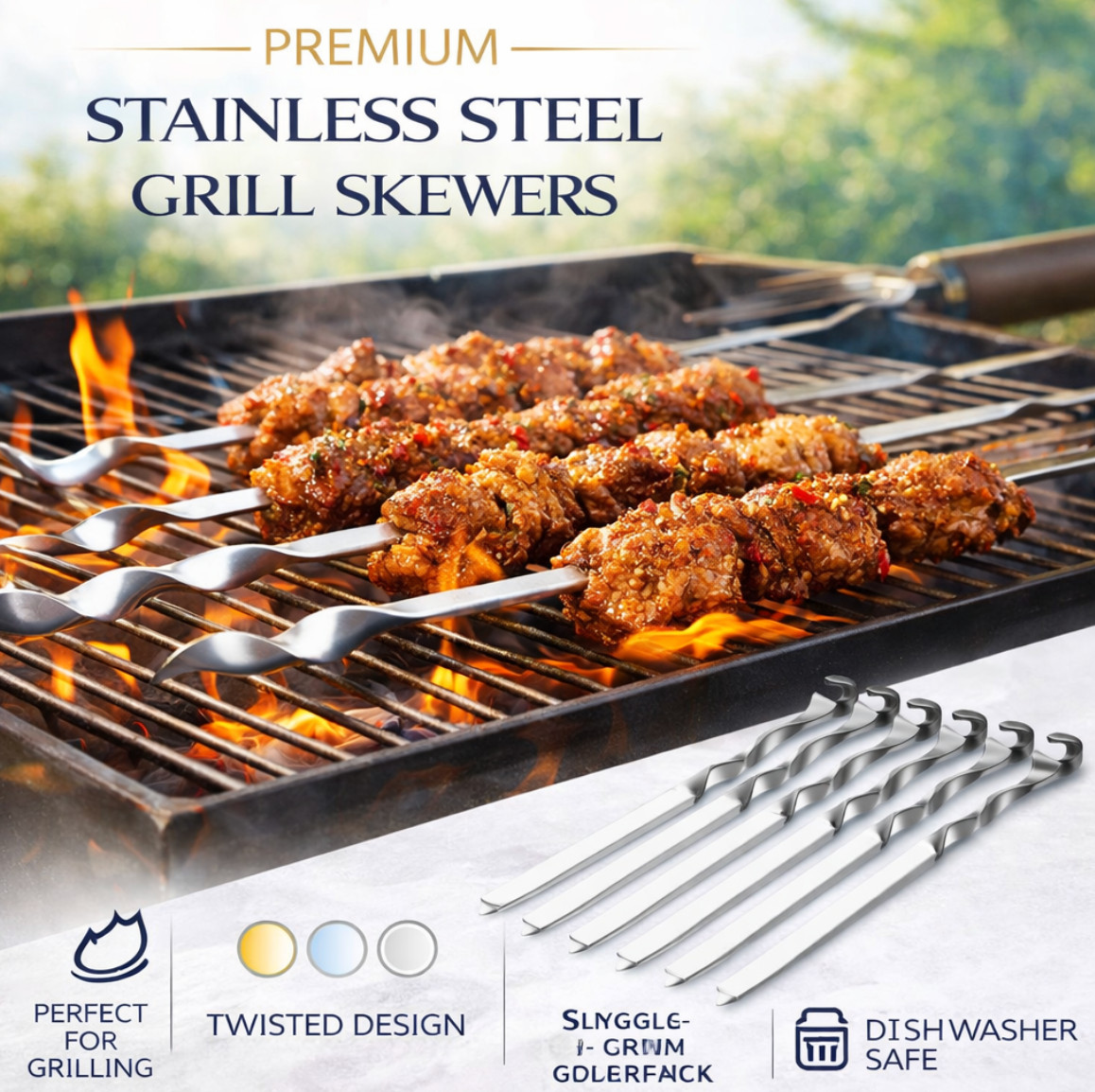 6Pc Wide Stainless Steel BBQ Skewers – Flat Forks for Camping & Kitchen Use