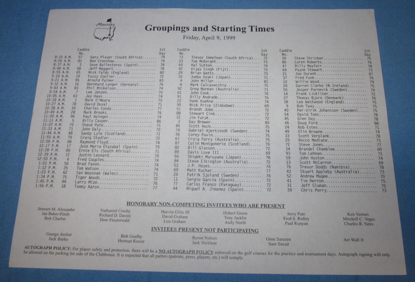 Pairings and Start Time Sheet ~ Masters Golf Tournament ~ Friday April 9, 1999