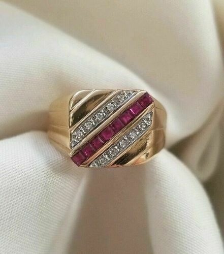 Lab-Created 2.30 Ct Princess Cut Ruby & Diamond Men's Ring 14K Yellow Gold FN