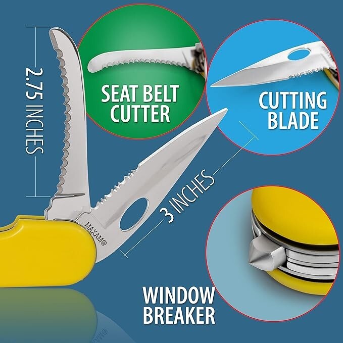 MAXAM Multi-Function Rescue Knife - Includes Seat Belt Cutter and Glass Breaker