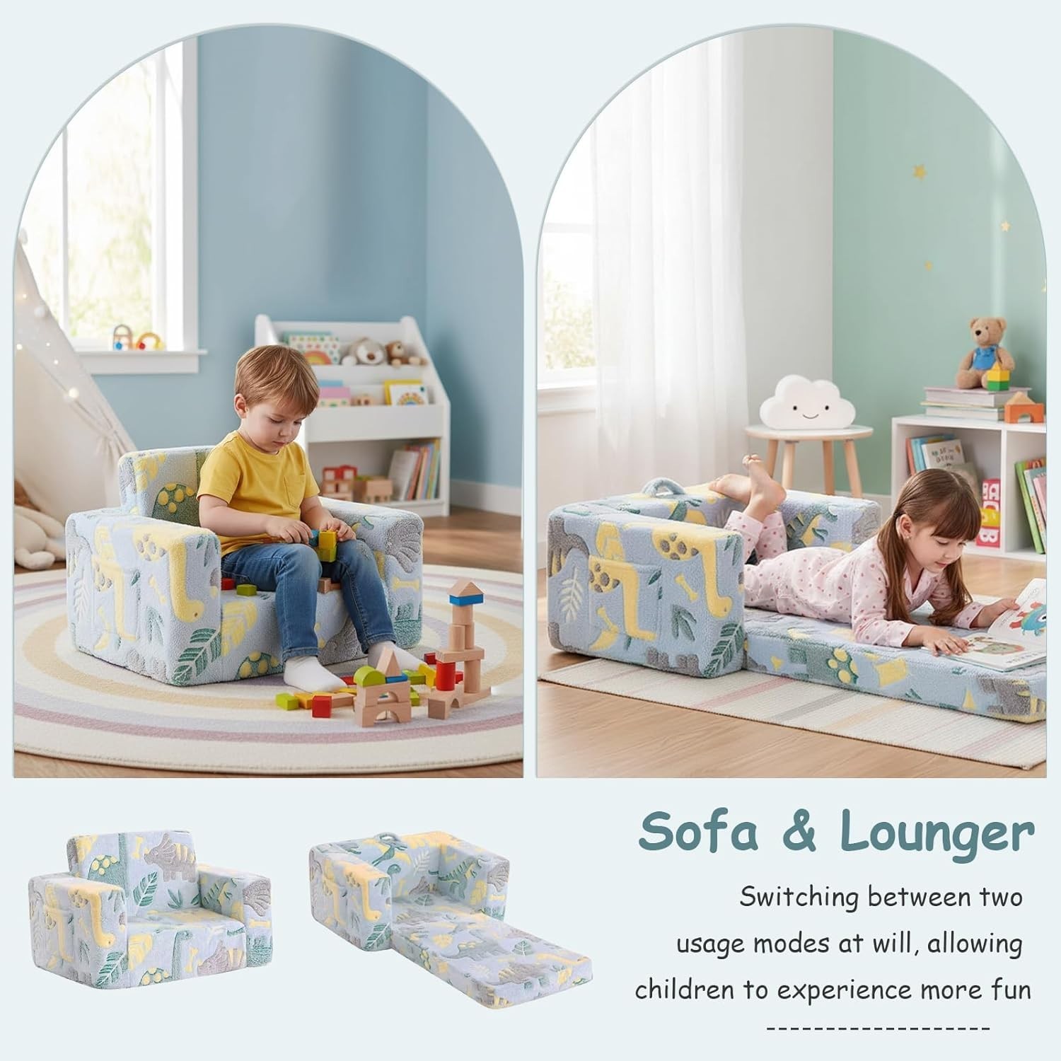 Kids Sofa, 2-in-1 Kid Sofa, Convertible Children Couch to Lounger, Flip Out K...