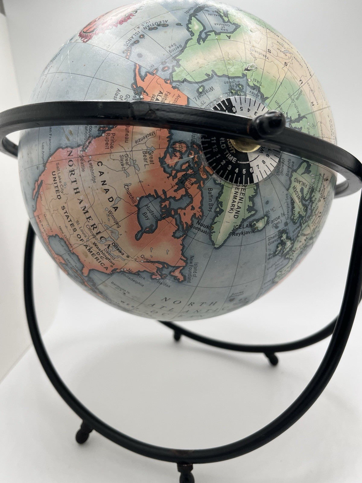 Rare Modern World Globe Table Decor Black Metal Orbital Stand Double Axis 12”