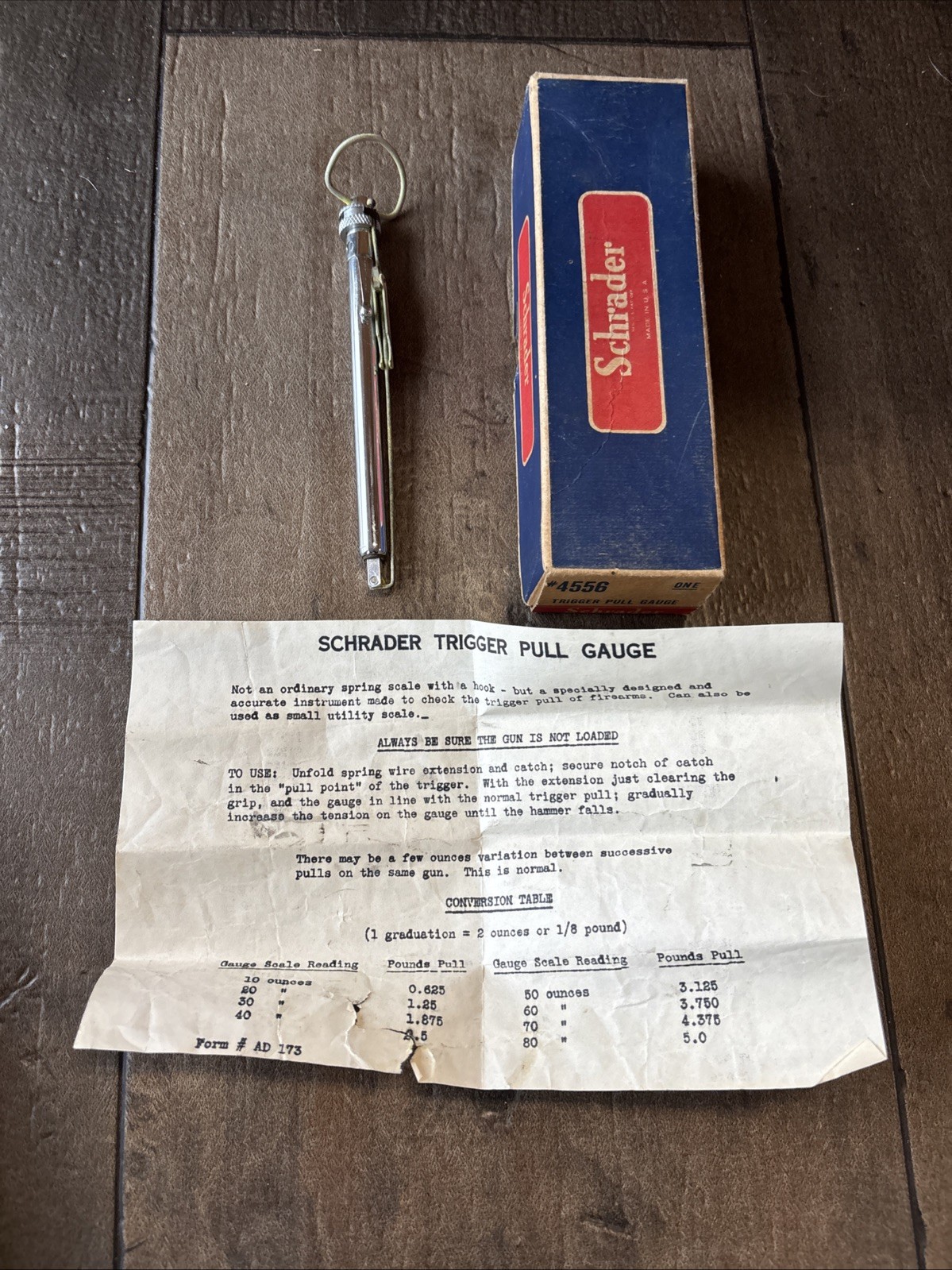 Vtg Schrader Trigger Pull Scale Gauge Ounces 4556 W Original Box & Instructions