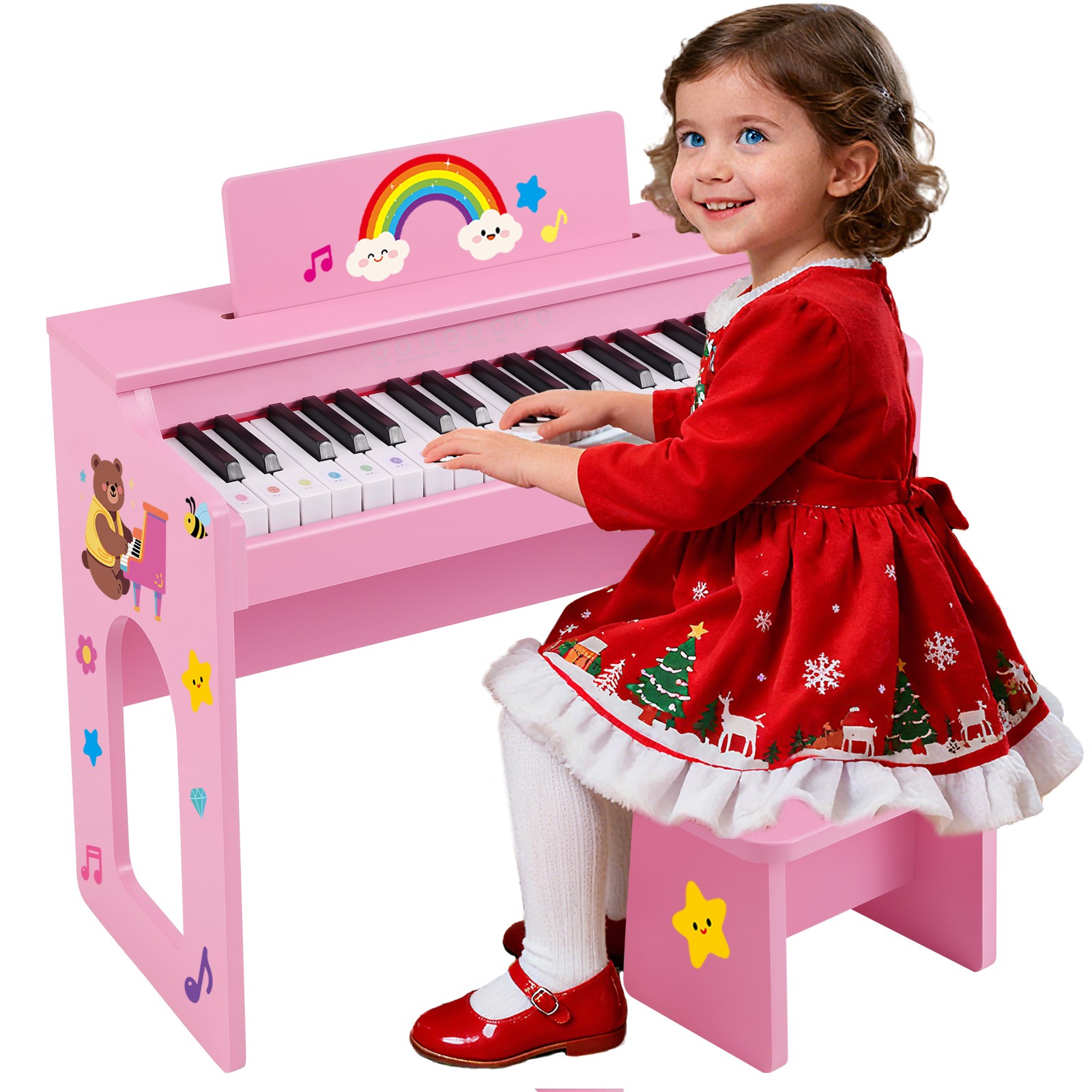 MUSTAR Pink Wood 37 Key Kids Digital Piano Keyboard Toddler Toy w/Stool,Stickers