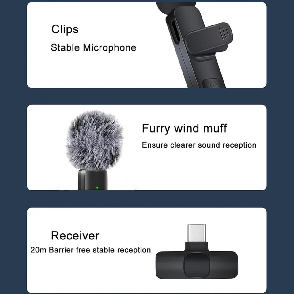 Wireless Lavalier Microphone for iPhone iPad Android Clip On Mic Noise Cancel