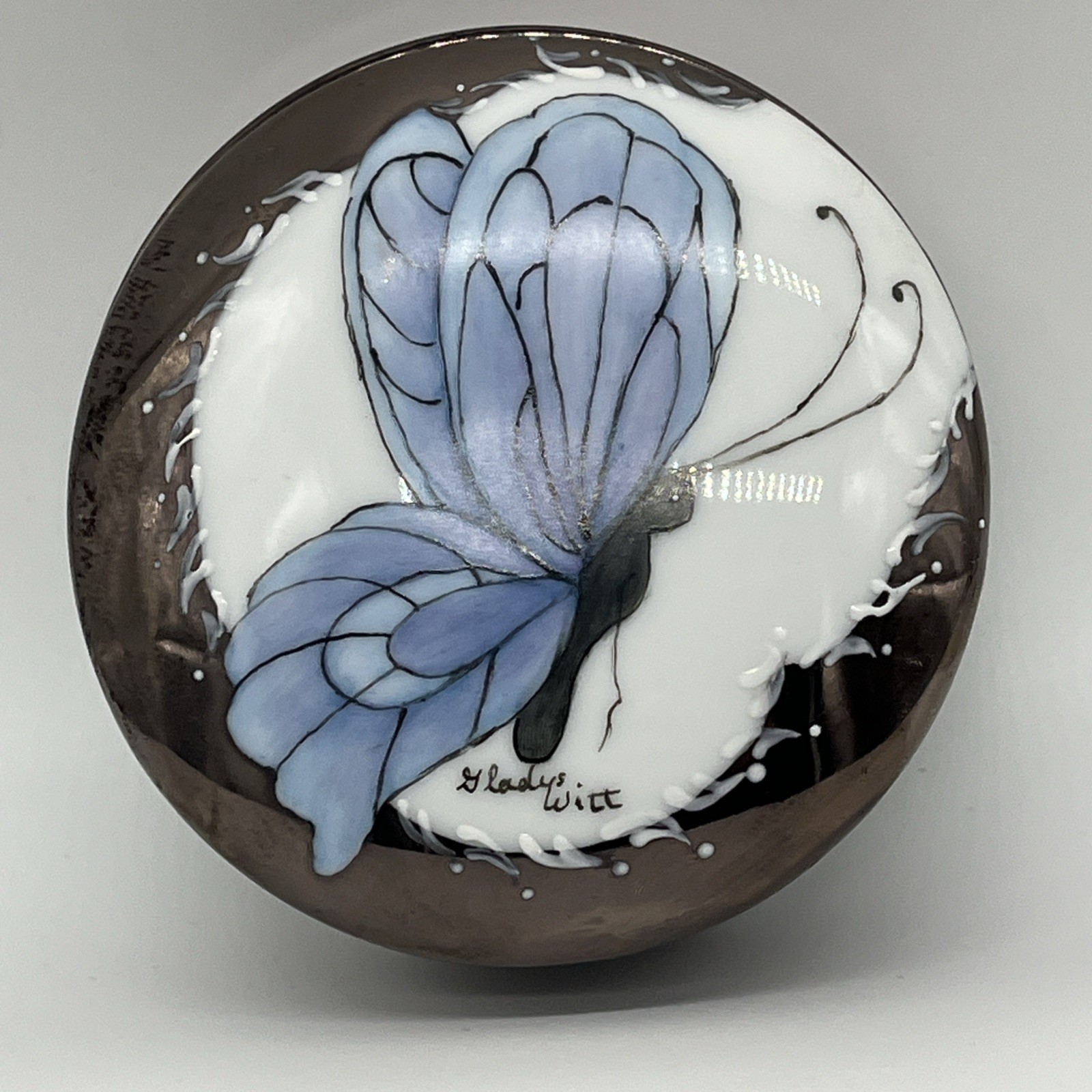 Hand Painted Trinket Box Metallic Finish Butterfly Design Signed Gladys Witt