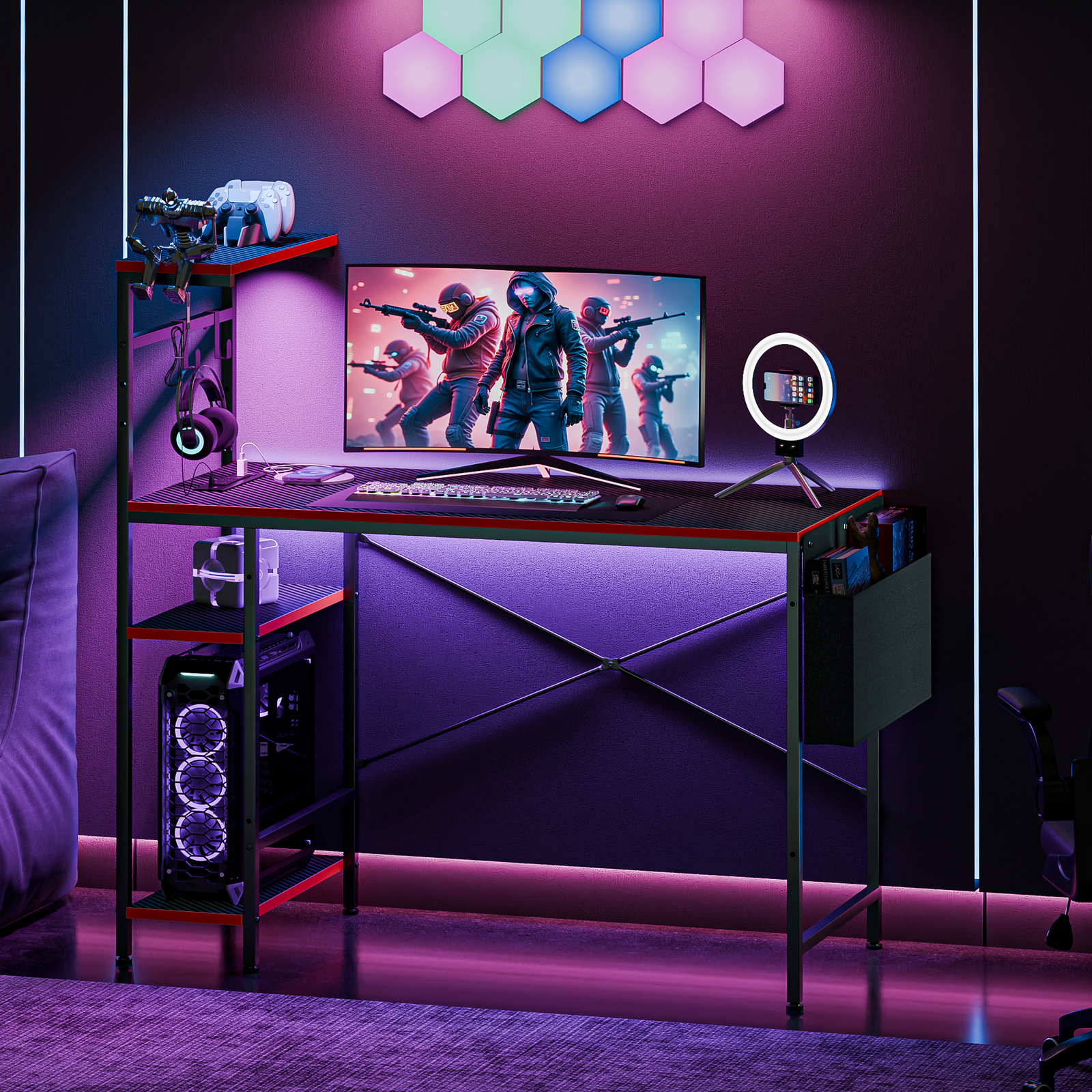 44 Inch Gaming Desk - Computer Desk with LED Lights & Power Outlet Home Office
