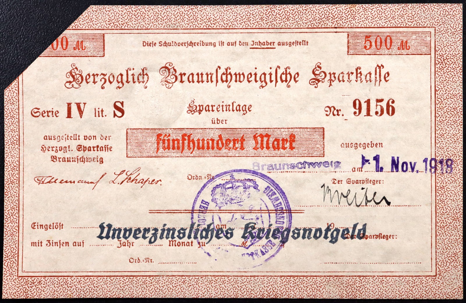 BRAUNSCHWEIG 1918 "Herzoglich Braunschweigische Sparkasse" 500 Mark Grossnotgeld