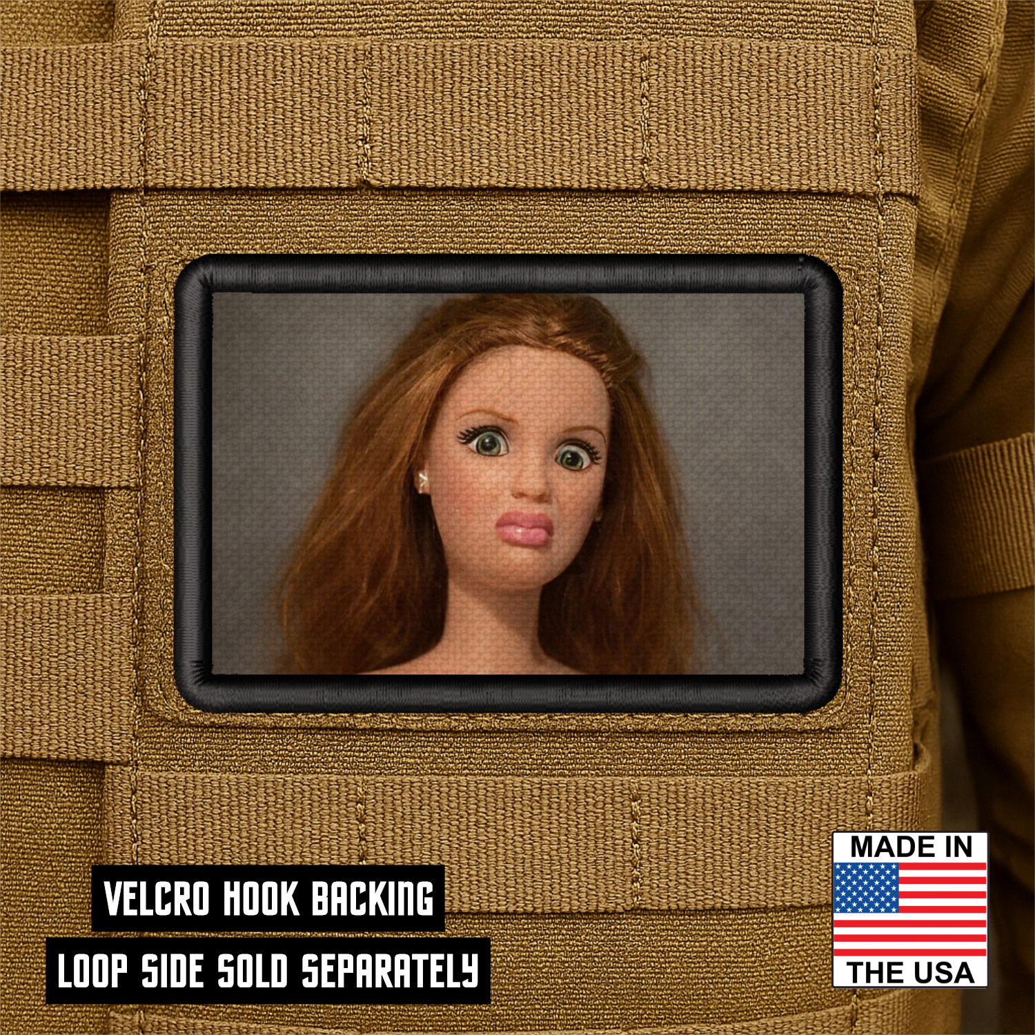 Shocked Doll Meme Funny Morale Patch, 2" X 3" Hook & Loop Sarcastic Humor Patch