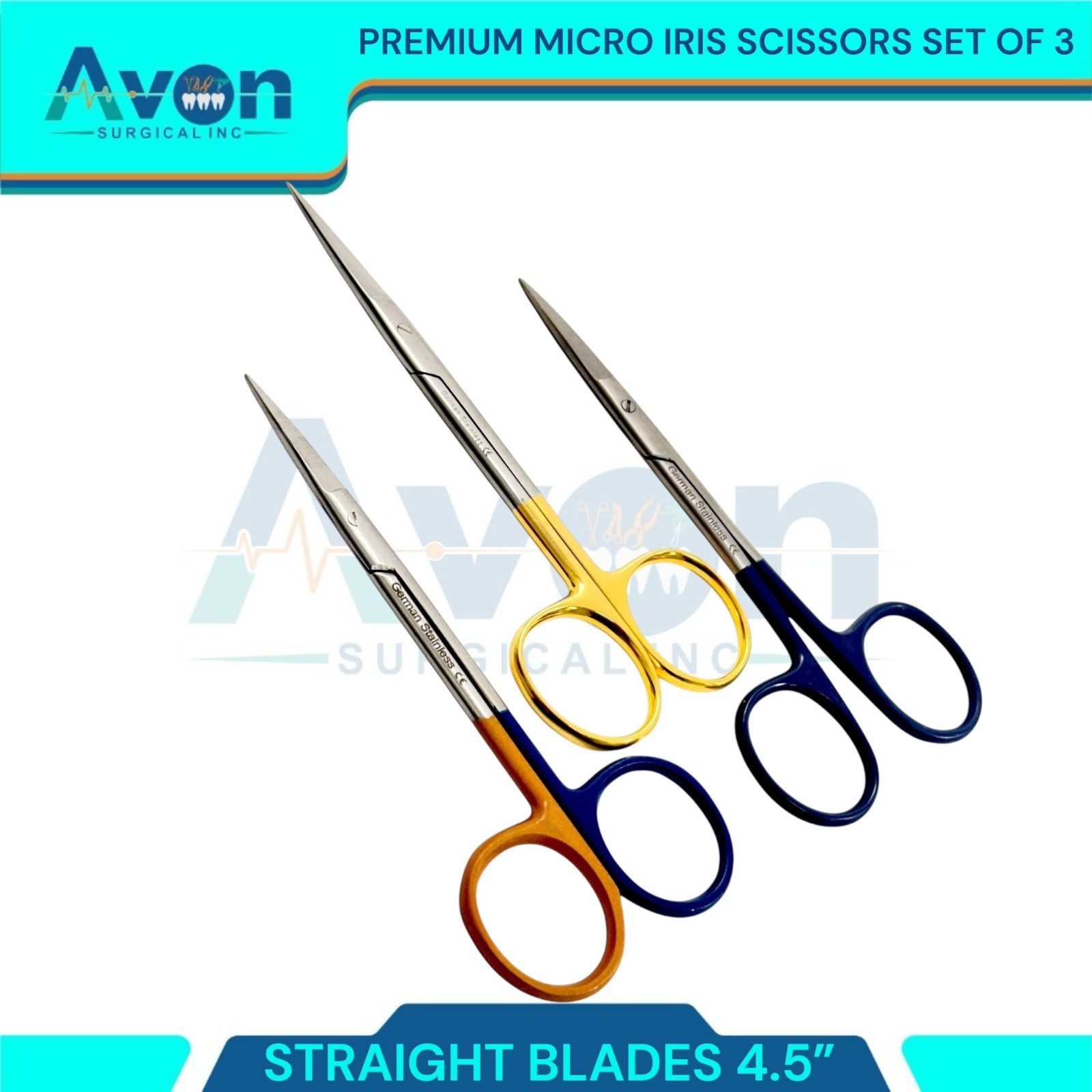 Premium Iris Scissors 4.5" w/ Str Sharp Tips - Assorted Set of 3 - German Steel