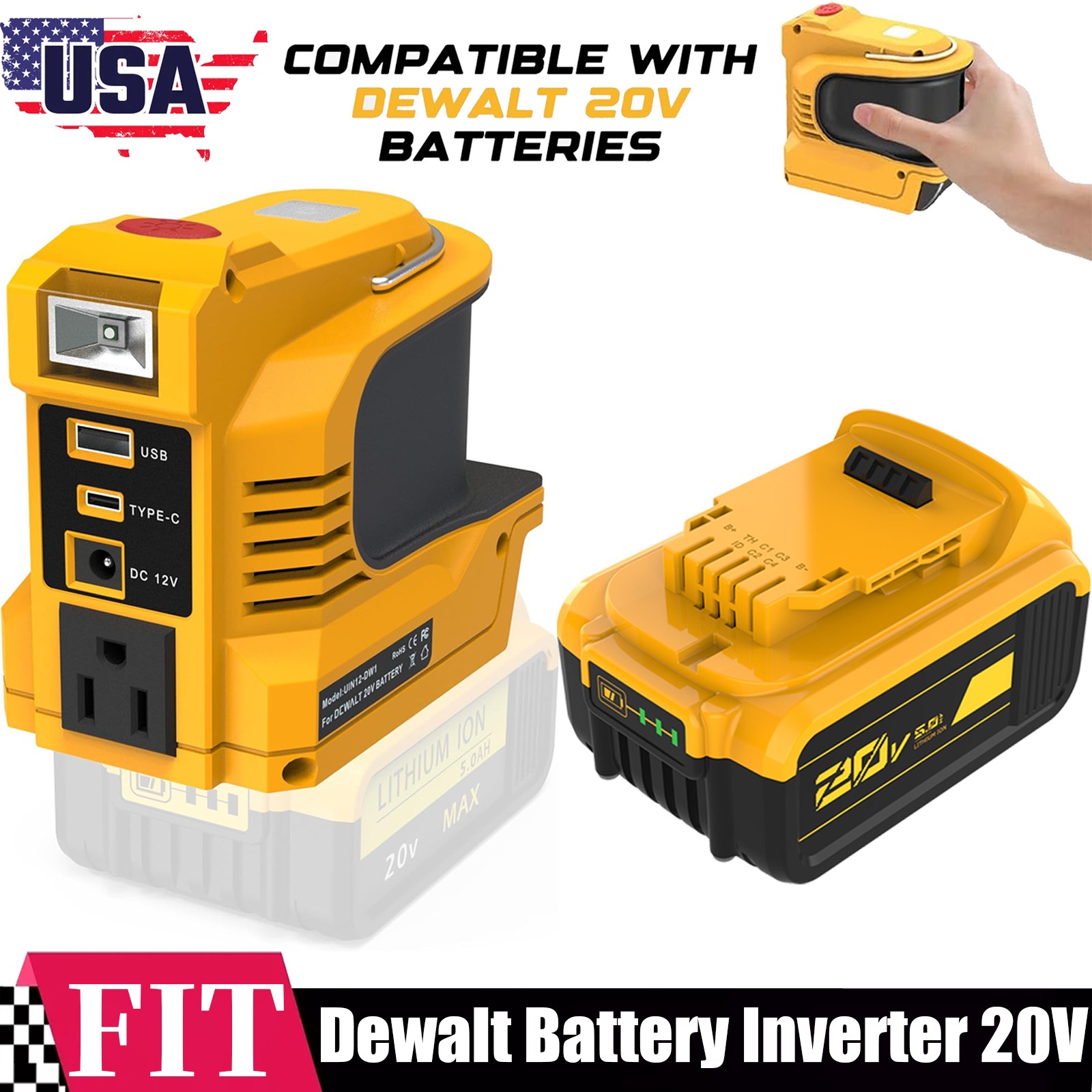 DCB205 Battery/220W Power Inverter 20V For DeWalt 20 Volt Max Lithium Ion 5.0AH