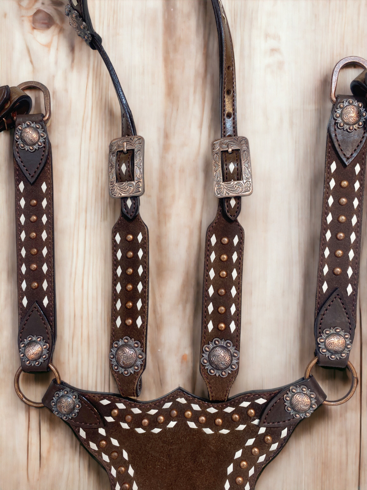 Genuine Western Headstall and Breast Collar Set with Copper Studs Décor MOUSM