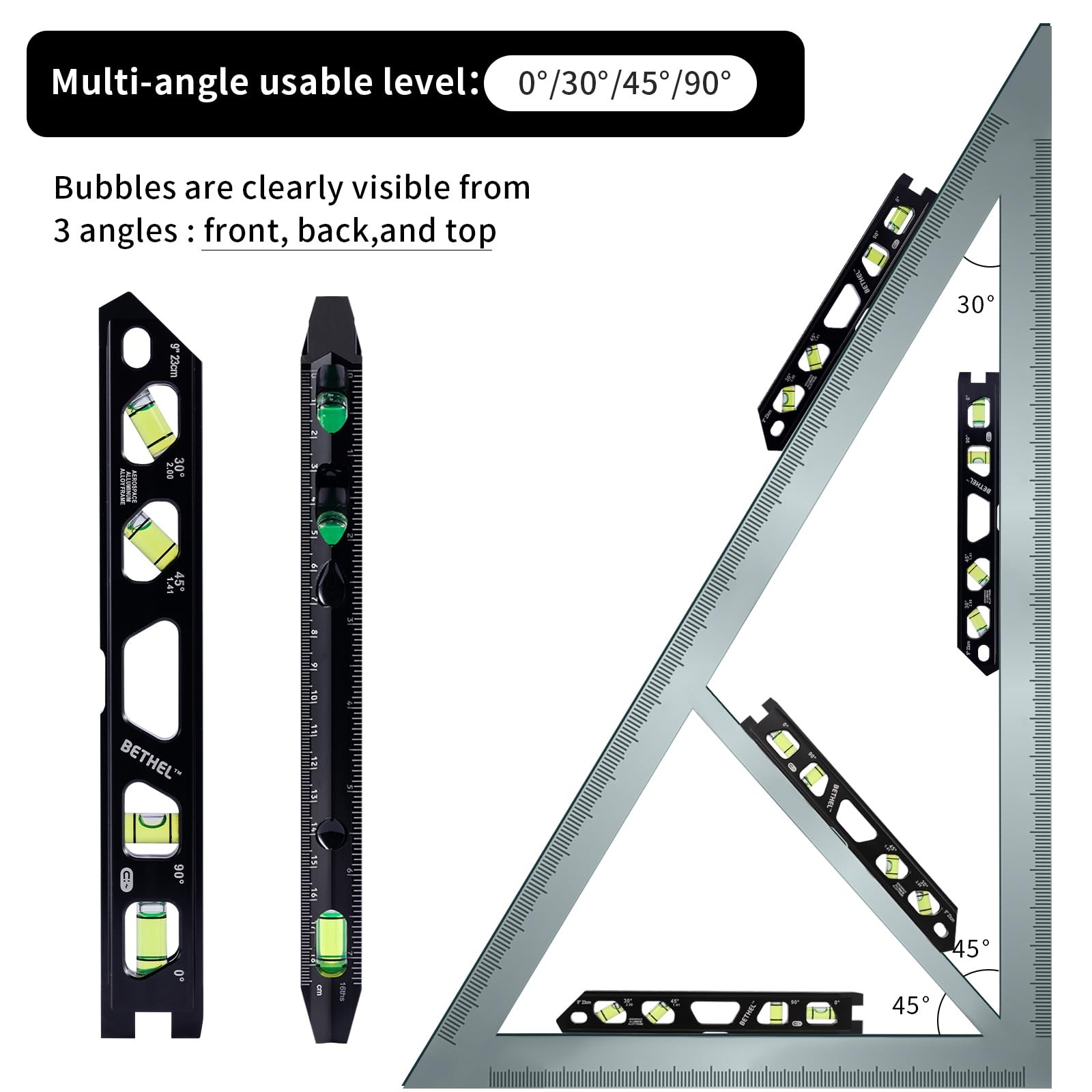 BETHEL 9 Inch Magnetic Torpedo Level with 4 Bubble Vials, V-Groove Black 9in