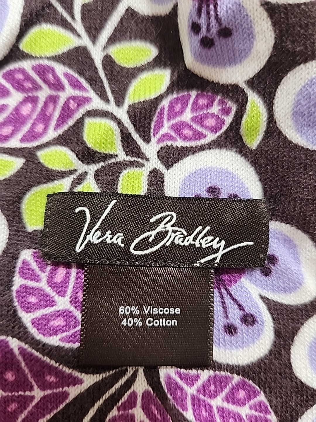 VERA BRADLEY Scarf "Plum Petals" Floral Purple Lavender Green Leaves on Brown