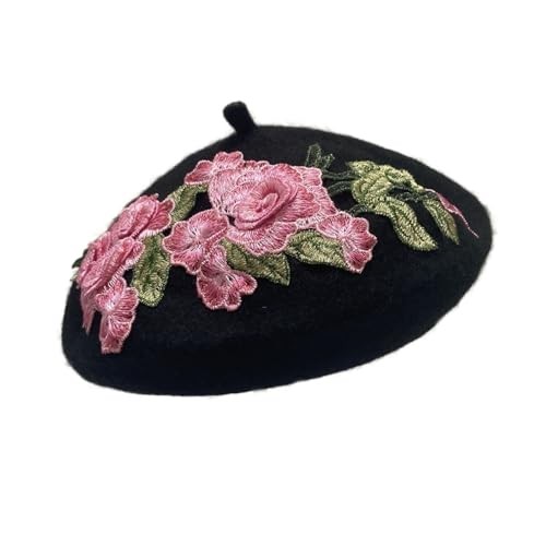 Women Classic French Beret Lady Vintage Rose Embroidery Floral Wool Winter Hat