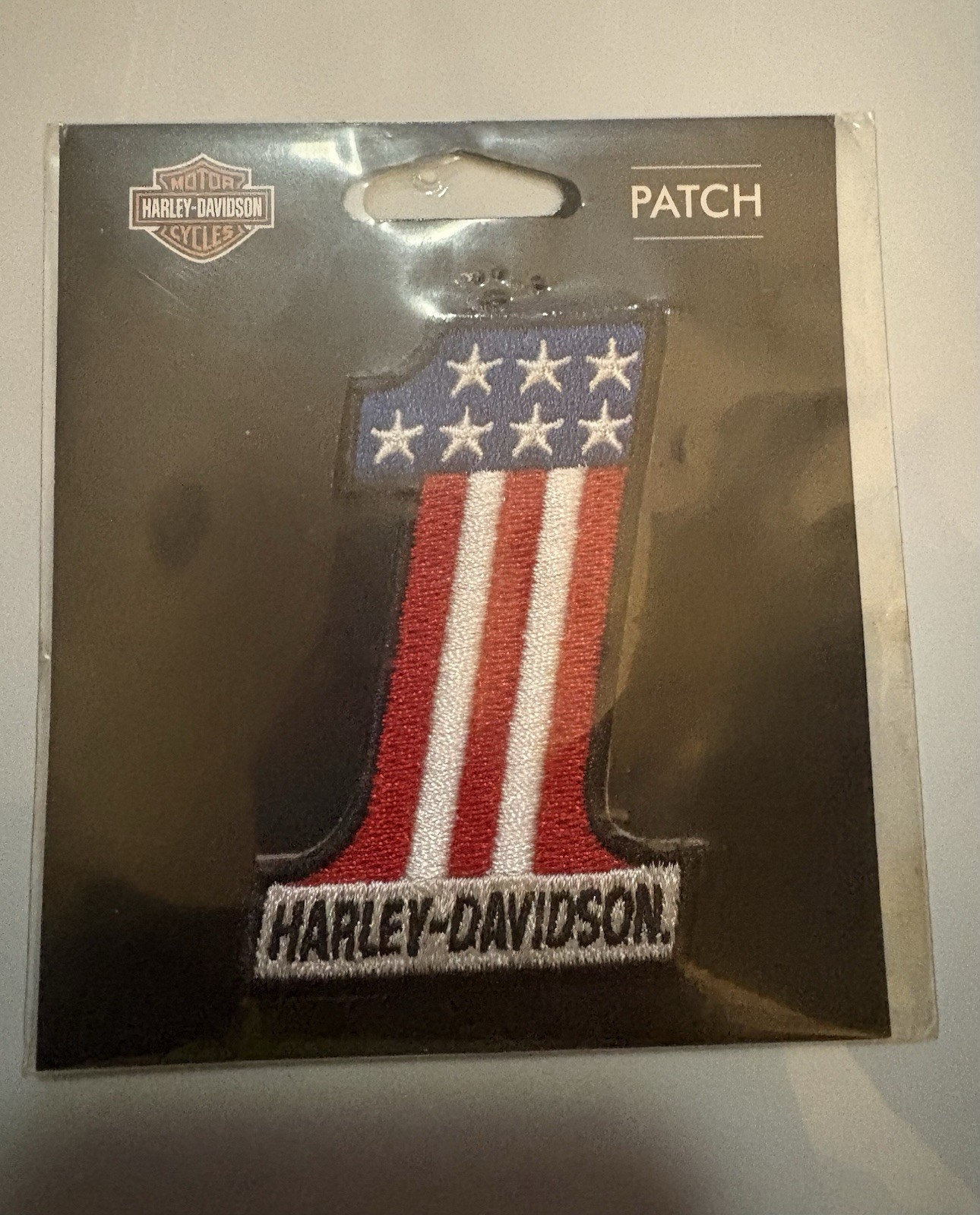 Harley-Davidson Red, White & Blue #1 emblem patch, inspired by Evel Knievel.